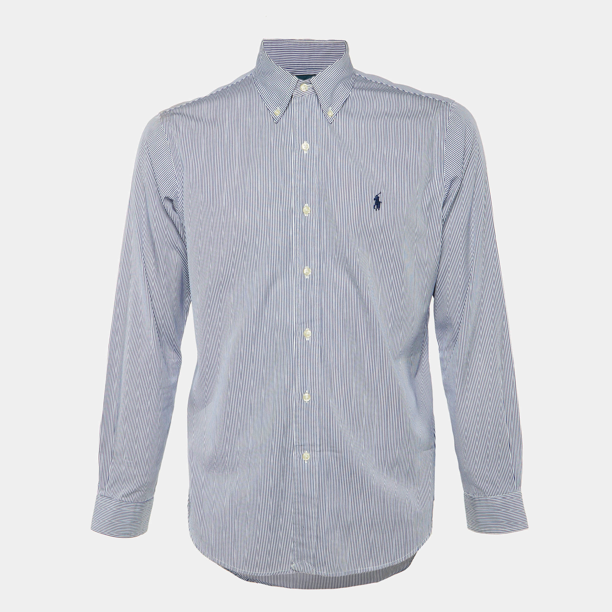Pre Owned Ralph Lauren Blue Striped Cotton Custom Fit Shirt M