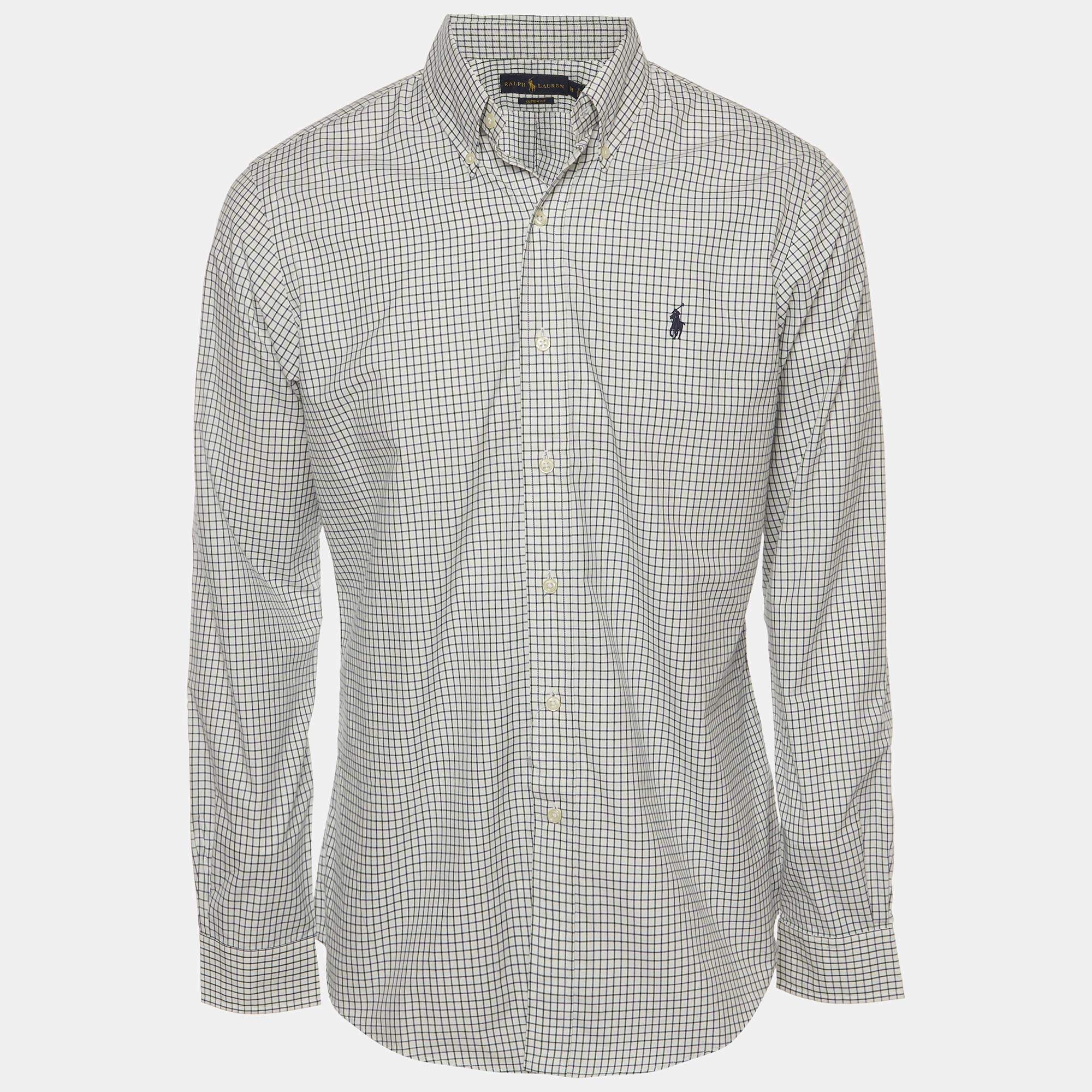 Pre Owned Ralph Lauren White Checked Cotton Custom Fit Button Down Shirt M