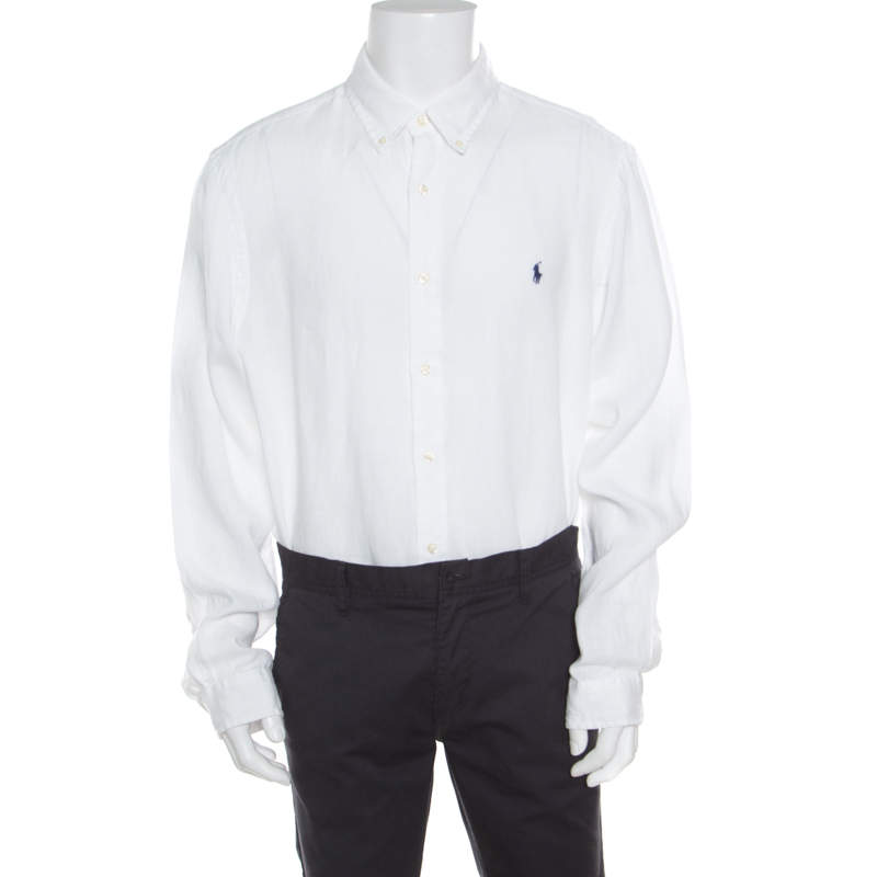 Pre Owned Ralph Lauren White Linen Logo Embroidered Slim Fit Button Down Shirt XXL
