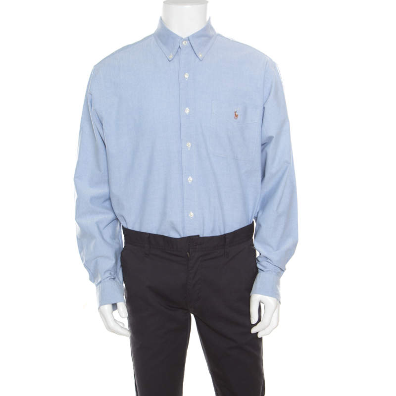 قميص أوكسفورد رالف لورين قصة كلاسيكية بتطريز الشعار قطن أزرق فاتح XL