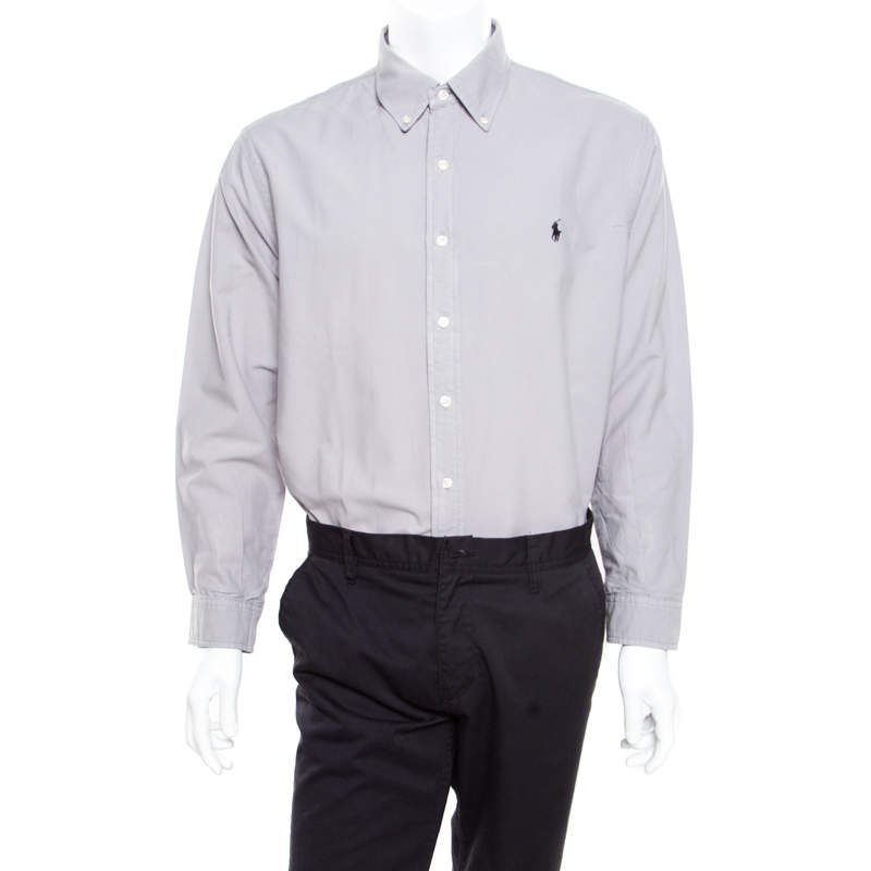 Pre Owned Ralph Lauren Grey Cotton Logo Embroidered Button Down Slim Fit Shirt XL