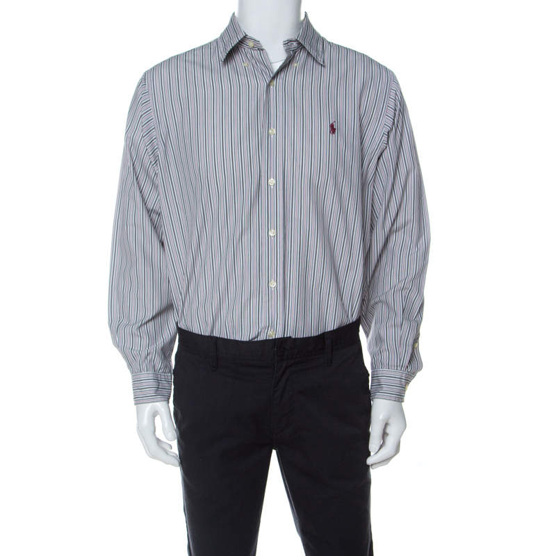 Ralph Lauren Grey Striped Cotton Classic Fit Button Down Shirt L 