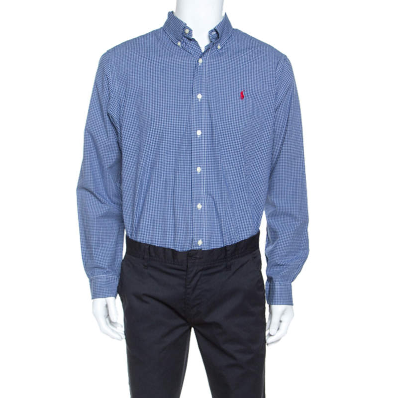 Ralph Lauren Blue Checked Cotton Button Down Collar Shirt L