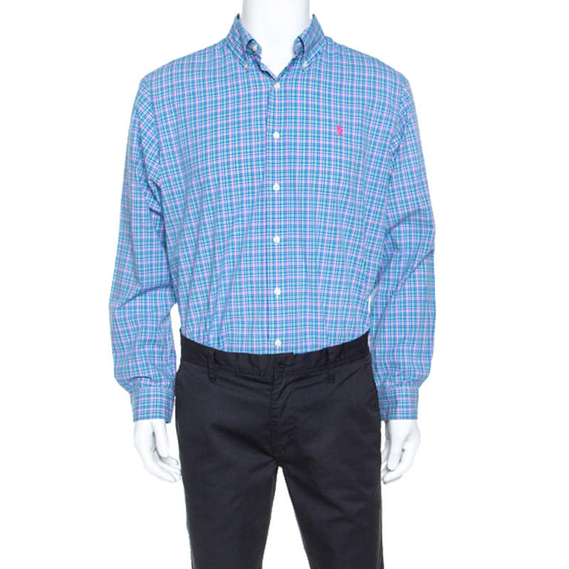 Pre Owned Ralph Lauren Blue Plaid Cotton Button Down Collar Shirt L