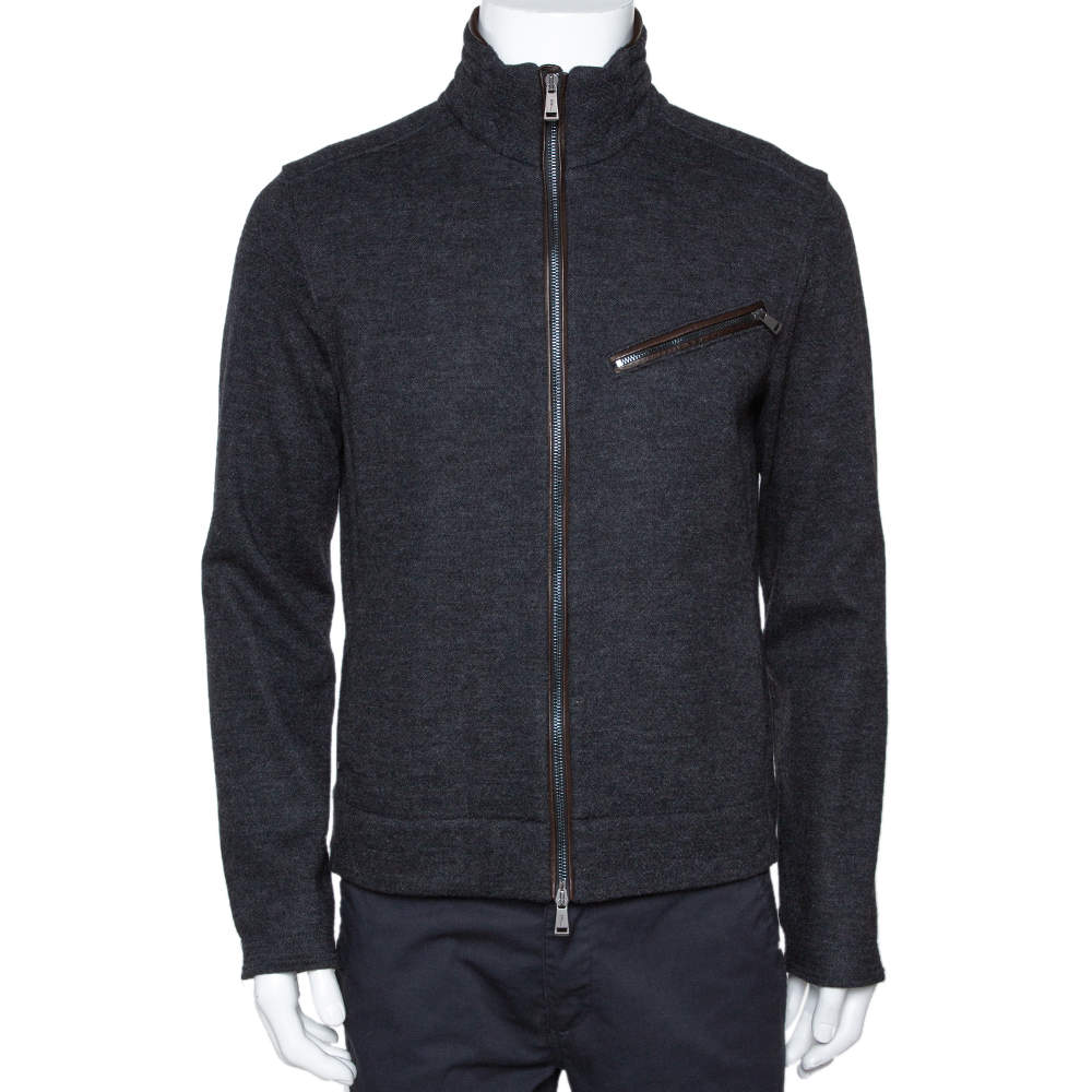 Pre Owned Ralph Lauren Grey Herringbone Wool Zip Front Jacket M