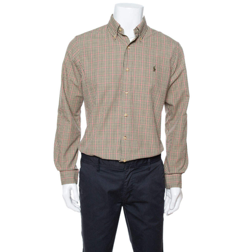 Pre Owned قميص رالف لورين أزرار أمامية قطن مربعات أخضر زيتوني مقاس وسط (ميديوم)