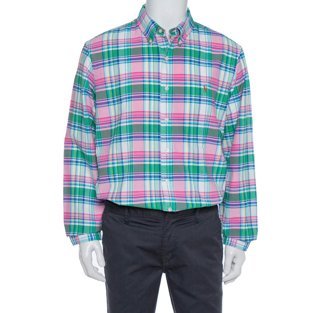 قميص رالف لورين أكمام طويلة و أزار أمامية قطن مربعات متعدد الألوان مقاس كبير جداً (اكس لارج)