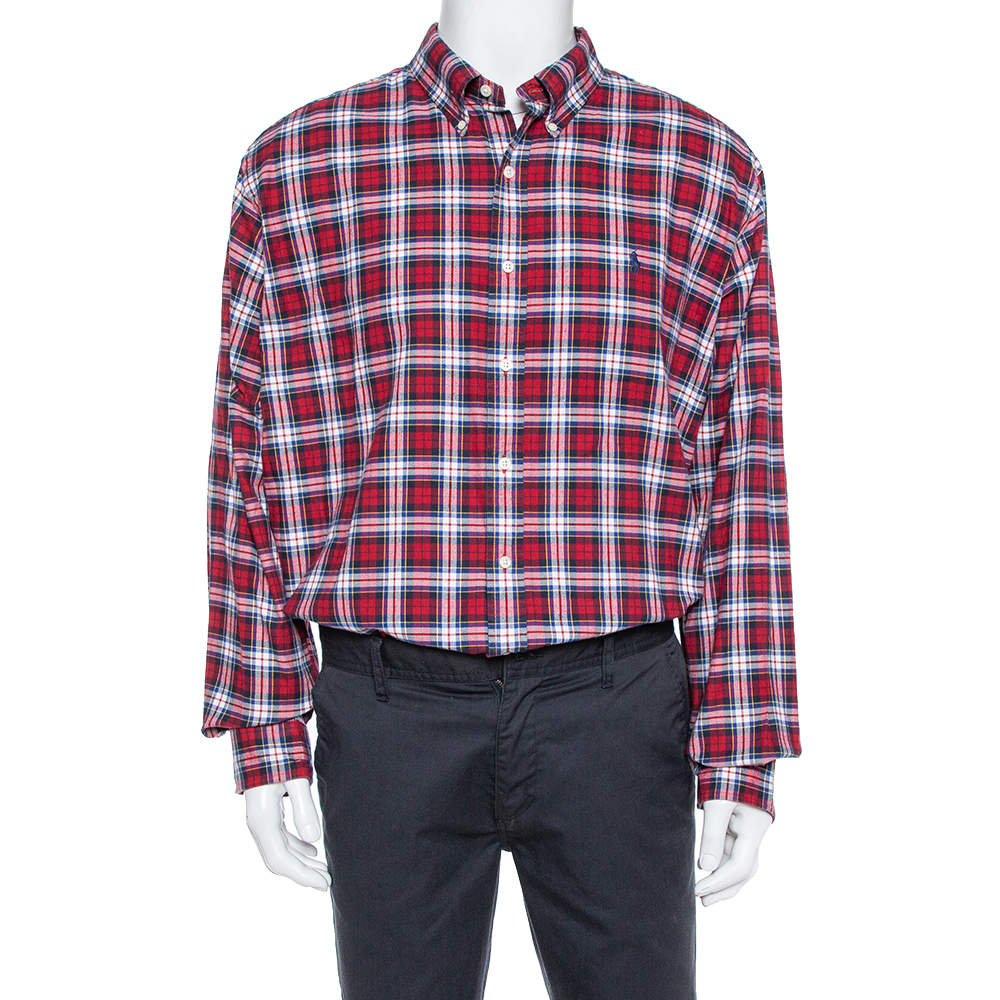 Ralph Lauren Red & Navy Blue Cotton Tartan Check Button Front Shirt XXL