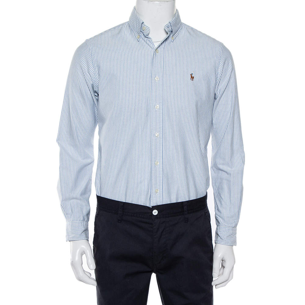 Pre Owned Ralph Lauren White & Blue Striped Cotton Logo Embroidered Button Front Shirt S