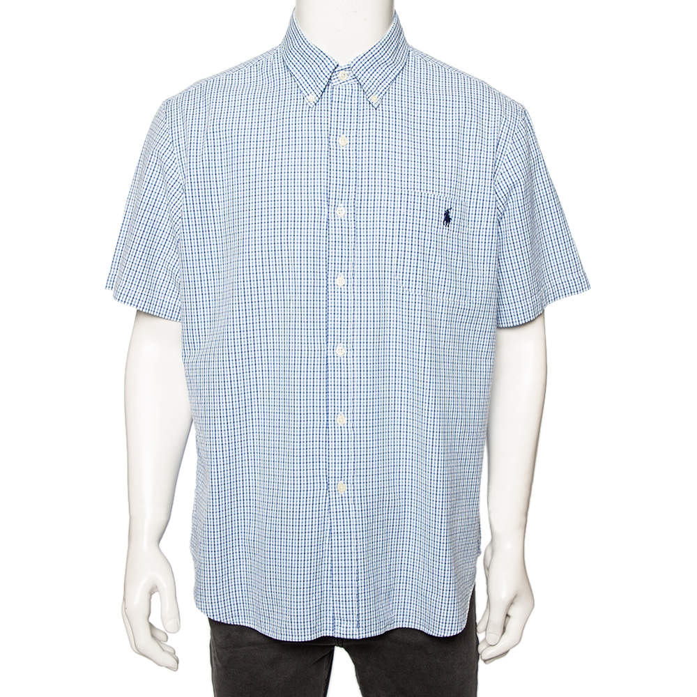 Pre Owned Ralph Lauren Blue Checkered Cotton Button Front Short Sleeve Shirt XL