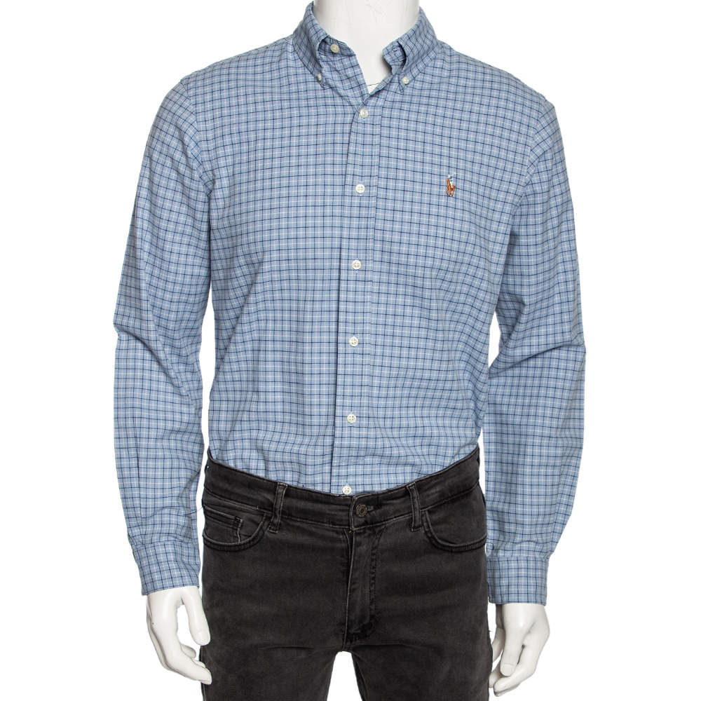 Pre Owned قميص رالف لورين قطن كاروهات أزرق أزرار أمامية مقاس وسط (ميديوم) 