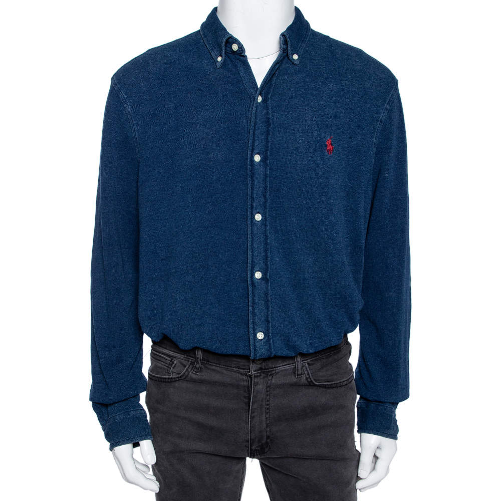 Pre Owned قميص رالف لورين أكسفورد أكمام طويل شبك وزن ريش أزرق مقاس كبير جدا