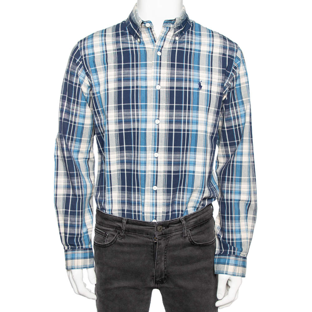 Pre Owned Ralph Lauren Blue Checked Cotton Button Down Custom Fit Shirt M
