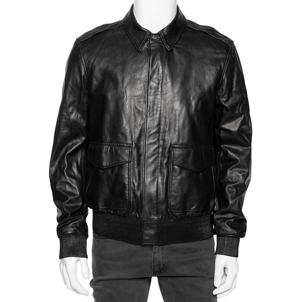 مملوكة مسبقًا جاكيت رالف لورين بومبر جلد أسود سحاب أمامي مقاس كبير (لارج)