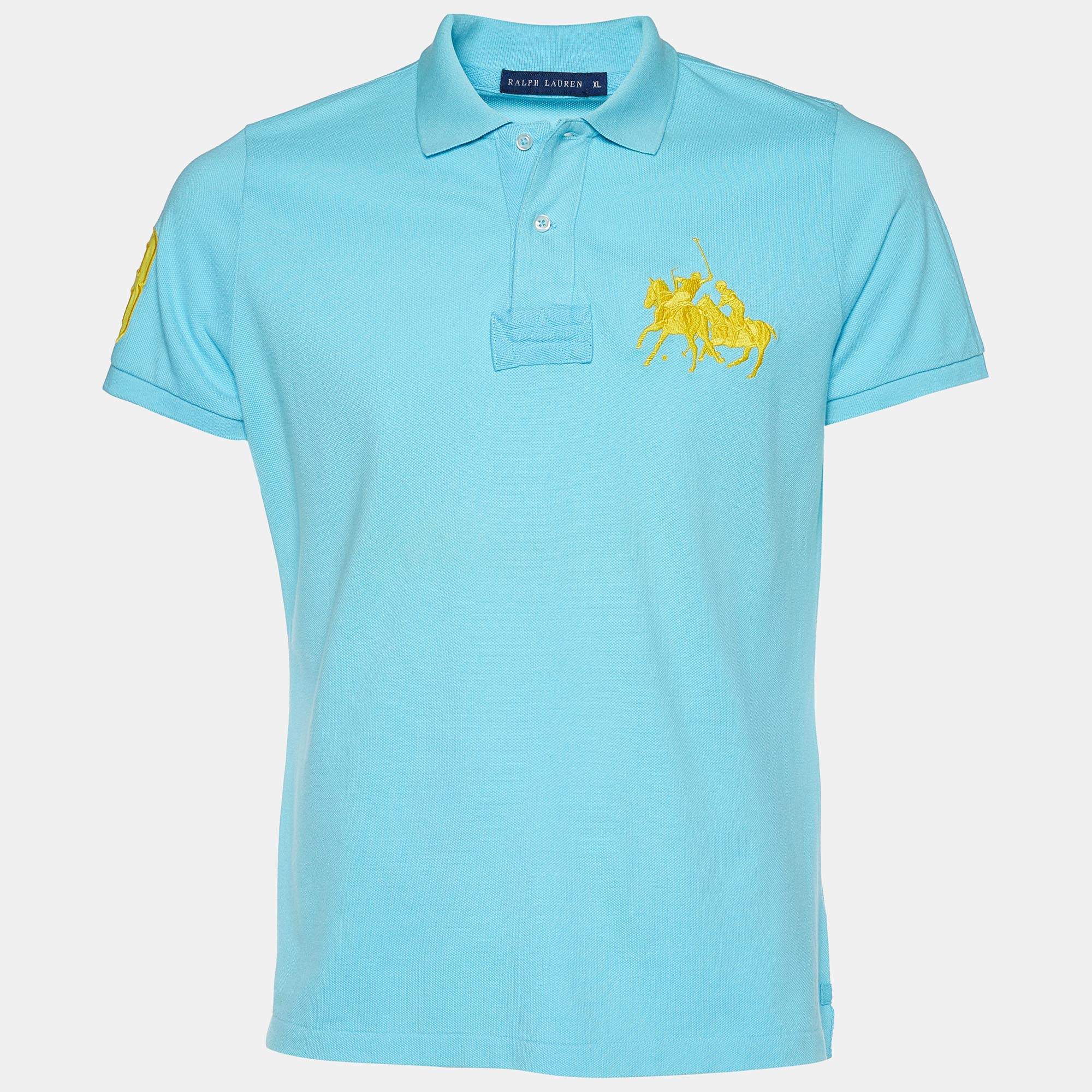 Ralph Lauren Blue Cotton Pique Double Pony Embroidered Polo T-Shirt XL