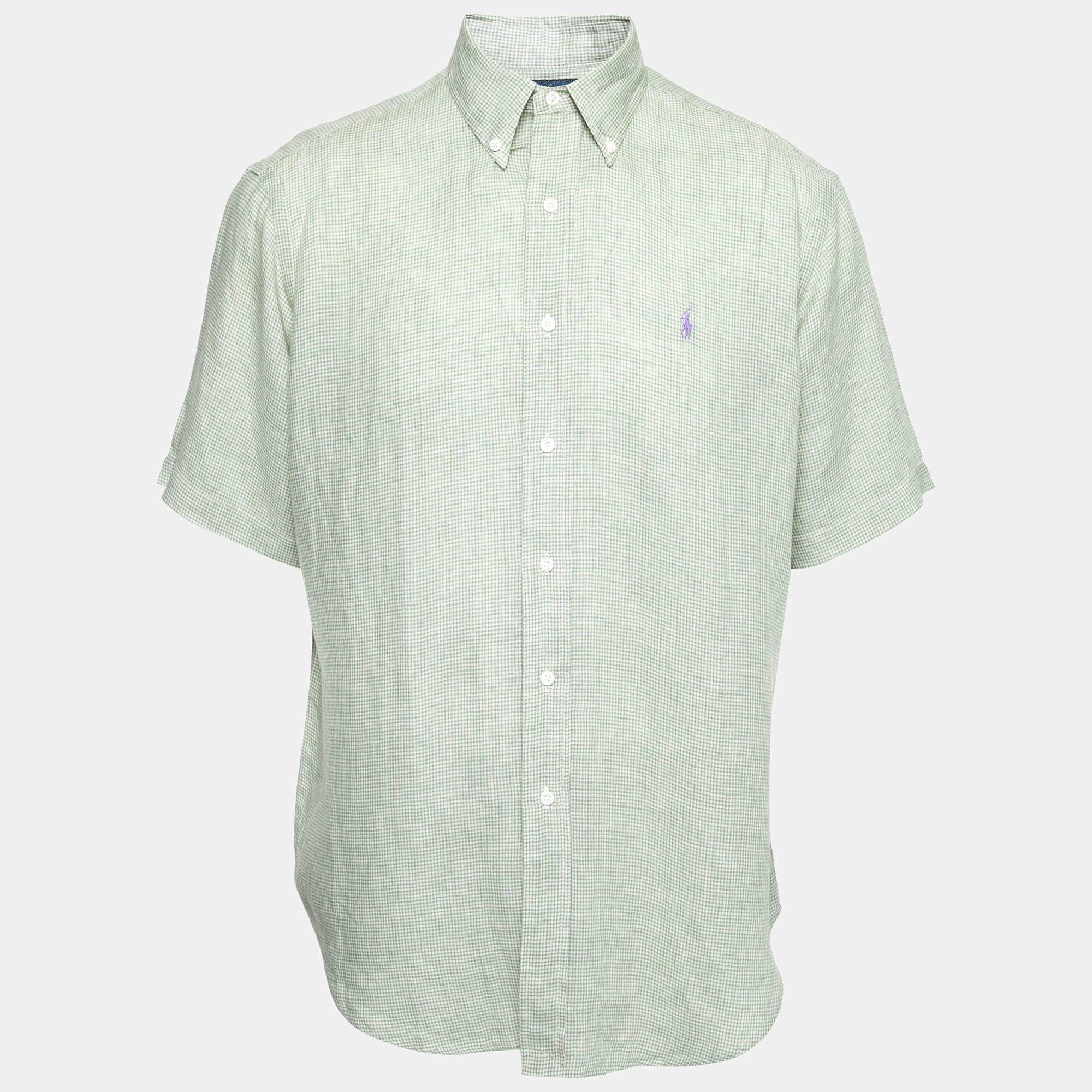 Pre Owned Ralph Lauren Green Checked Linen Short Sleeve Button Front Shirt L