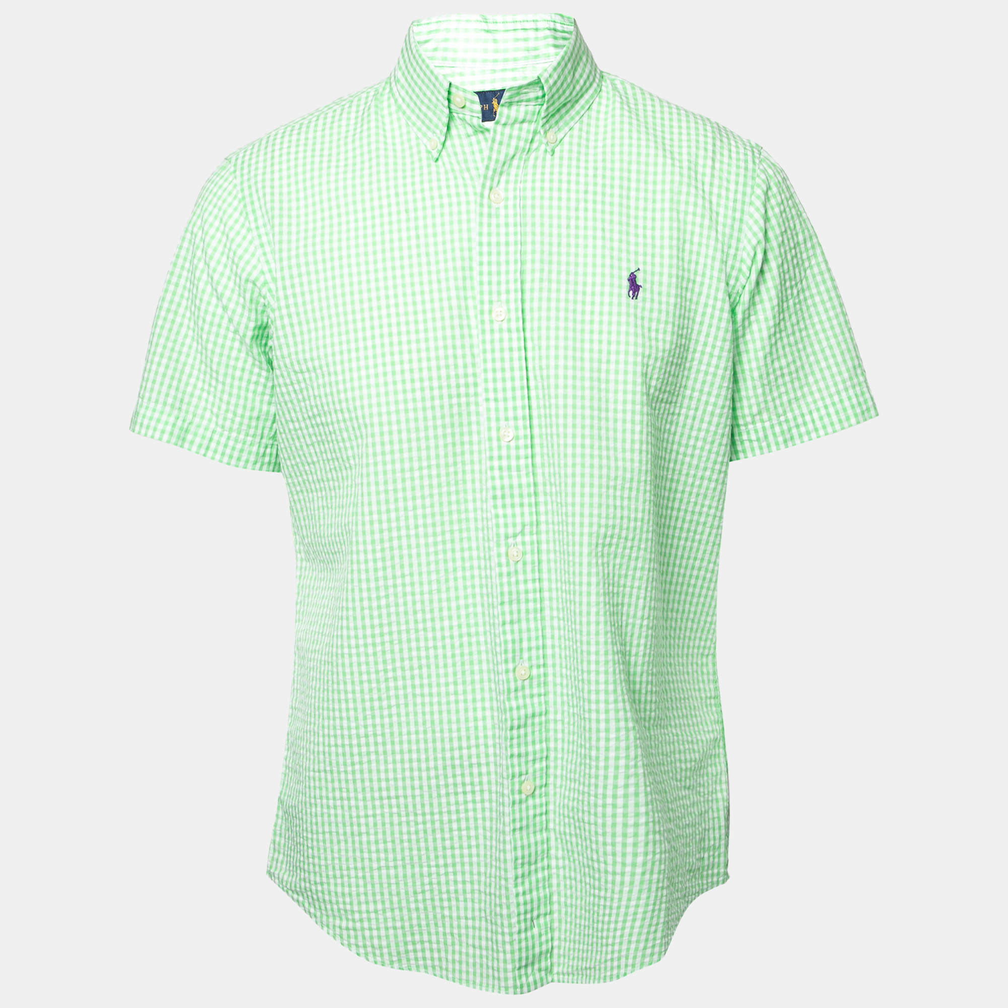Pre Owned Ralph Lauren Lime Green Checked Crinkled Cotton Short Sleeve Shirt M