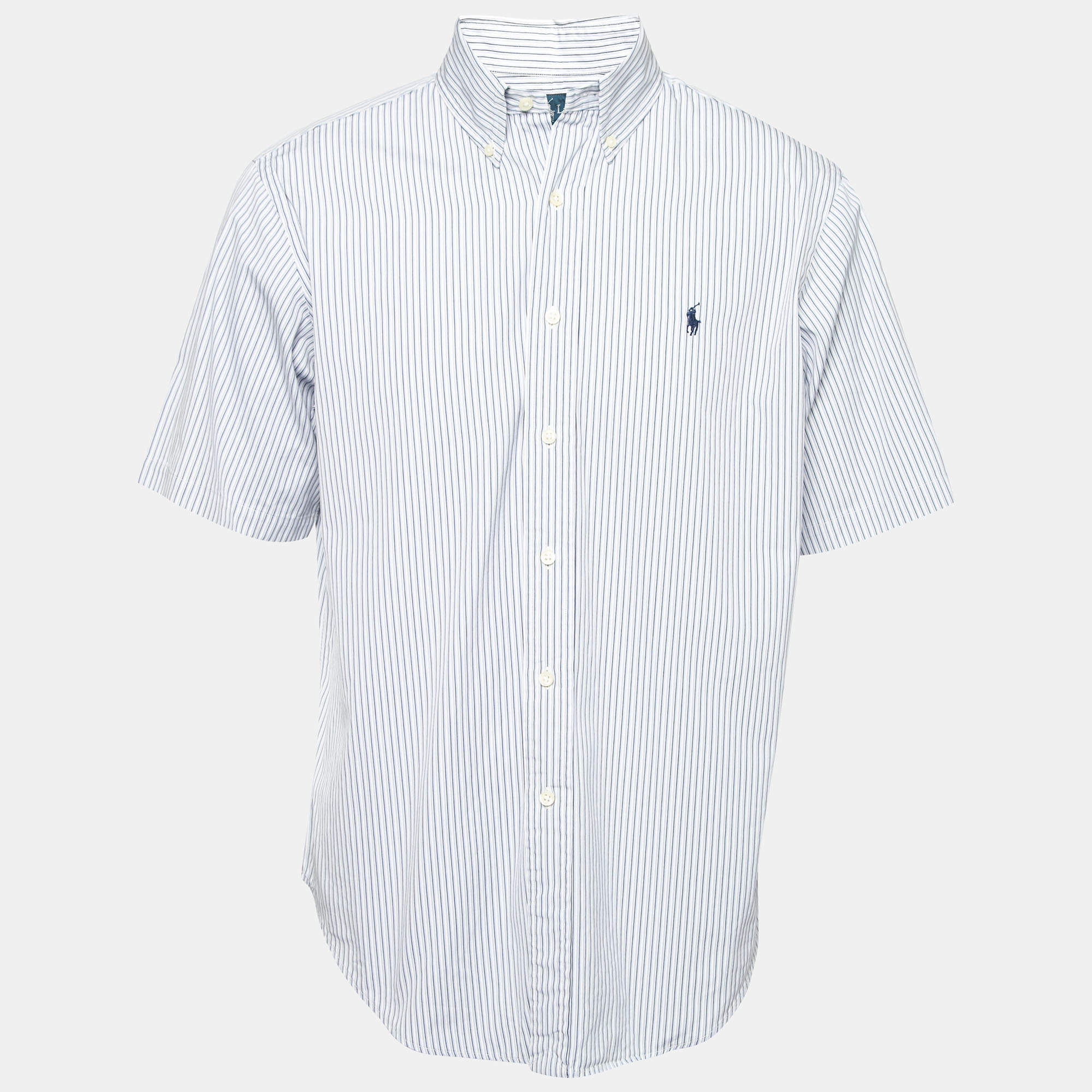 Pre Owned Ralph Lauren Blue Striped Cotton Classic Fit Short Sleeve Shirt L
