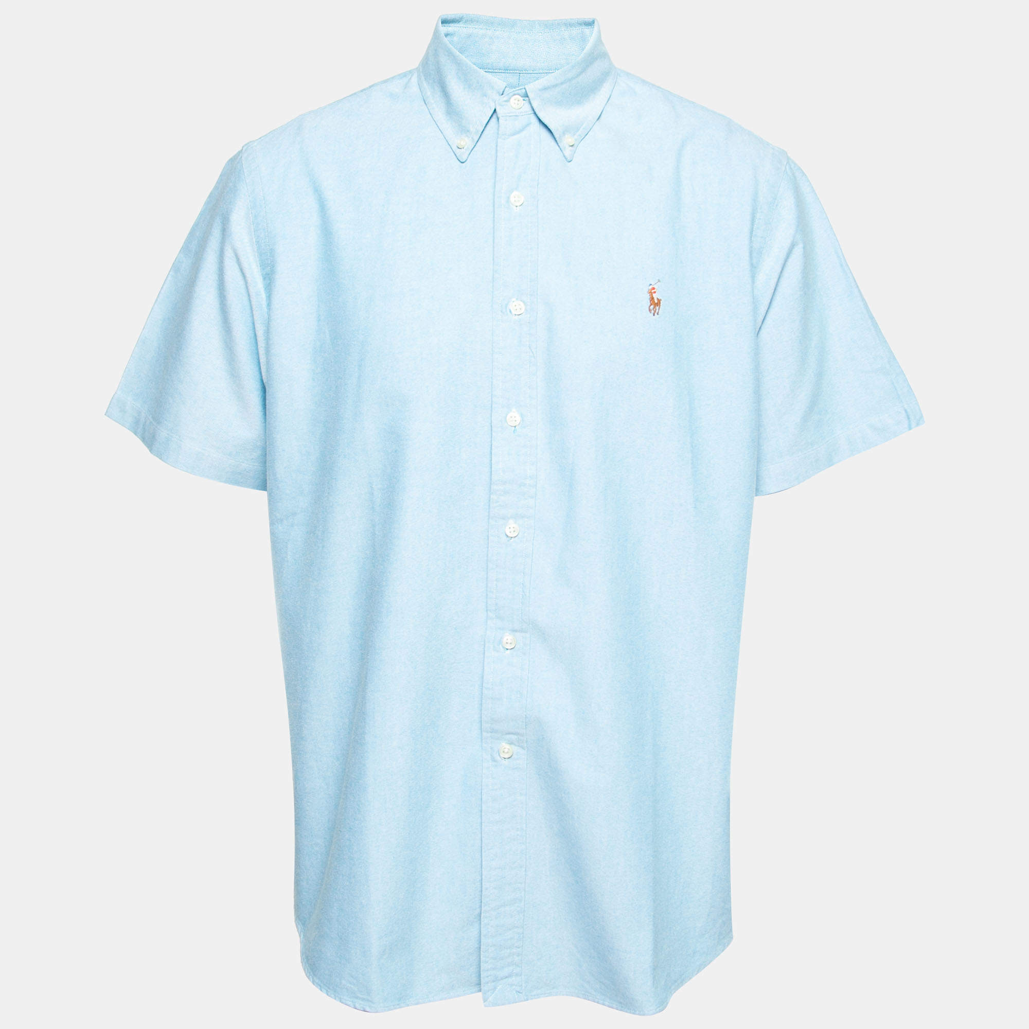 مملوكة مسبقًا قميص رالف لورين قطن أزرق بأزرار سفلية بأكمام قصيرة مقاس كبير جداً ( إكس لارج )
