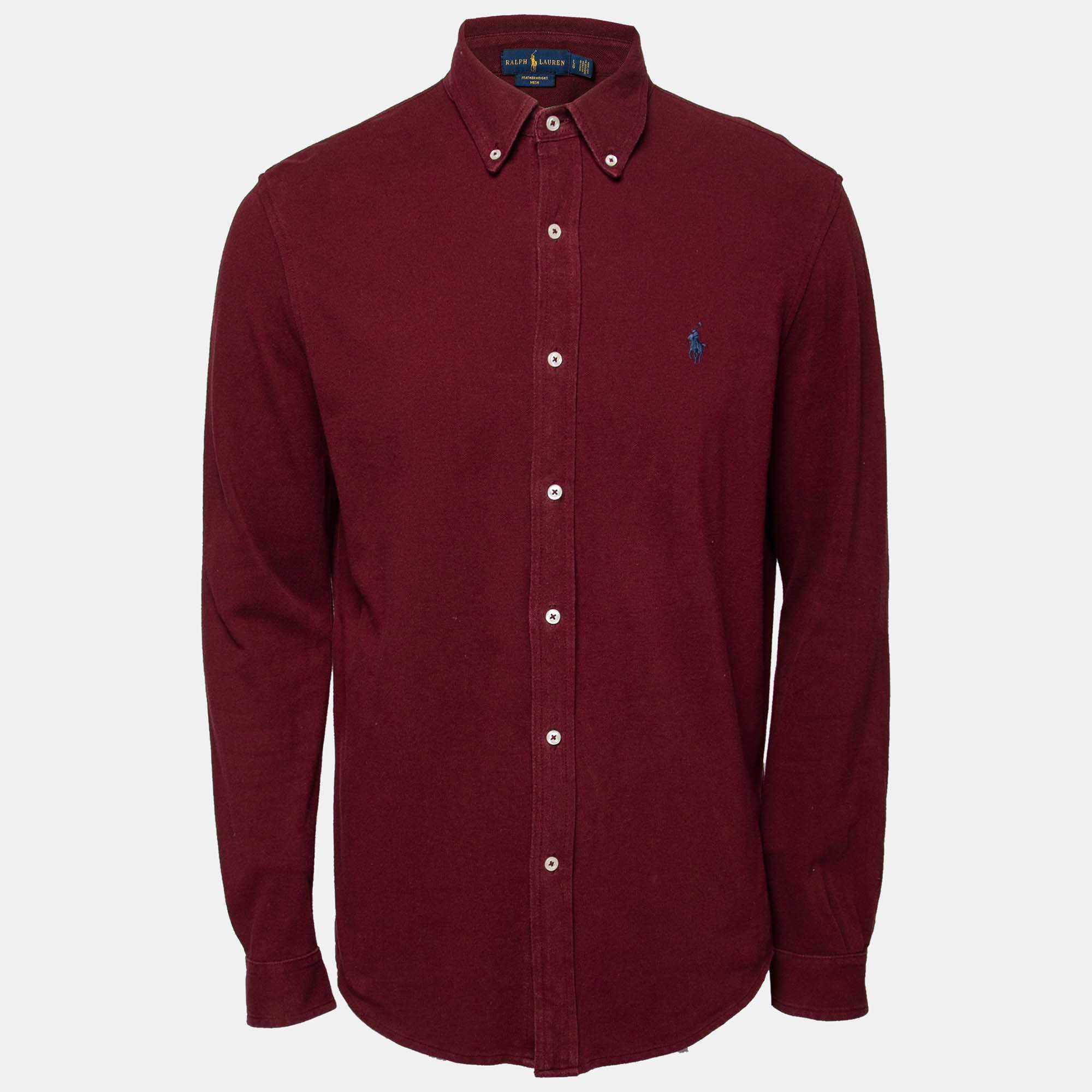 Pre Owned Ralph Lauren Maroon Featherweight Mesh Cotton Long Sleeve Shirt L