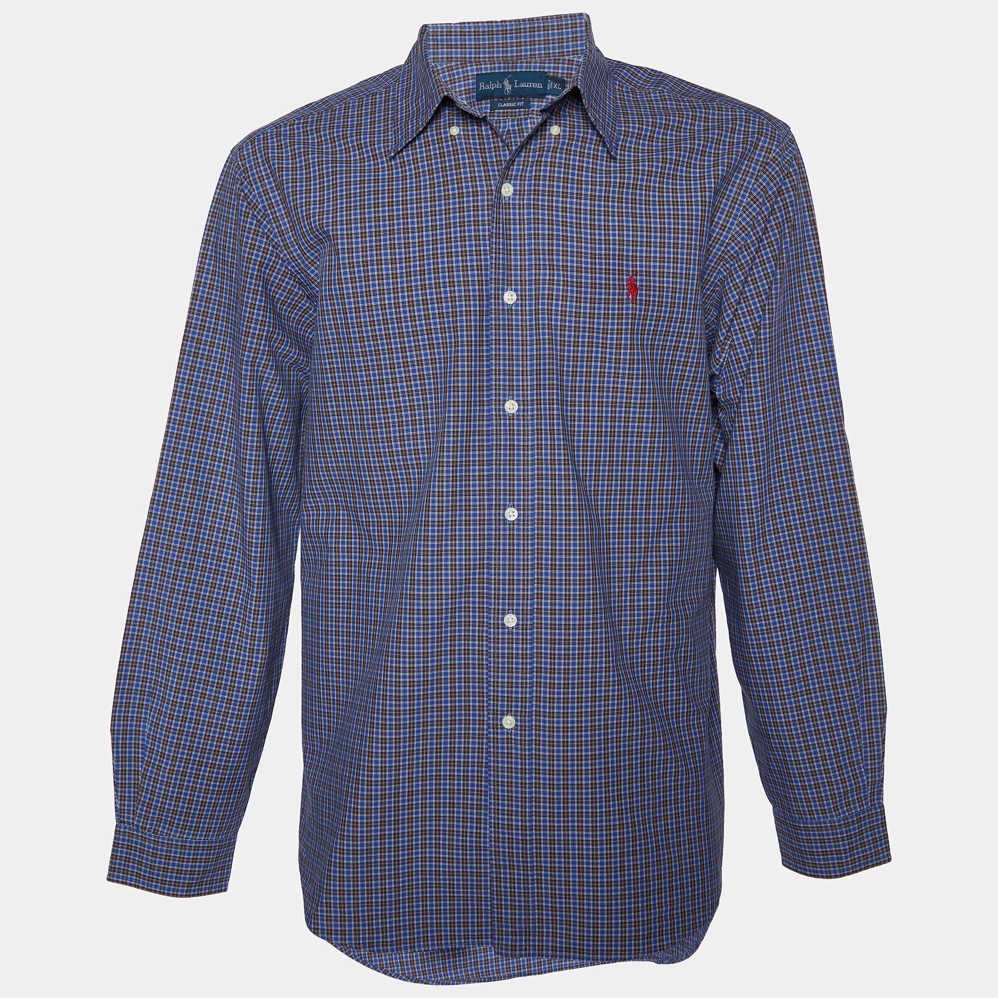 Pre Owned Ralph Lauren Navy Blue Checkered Cotton Classic Fit Shirt XL