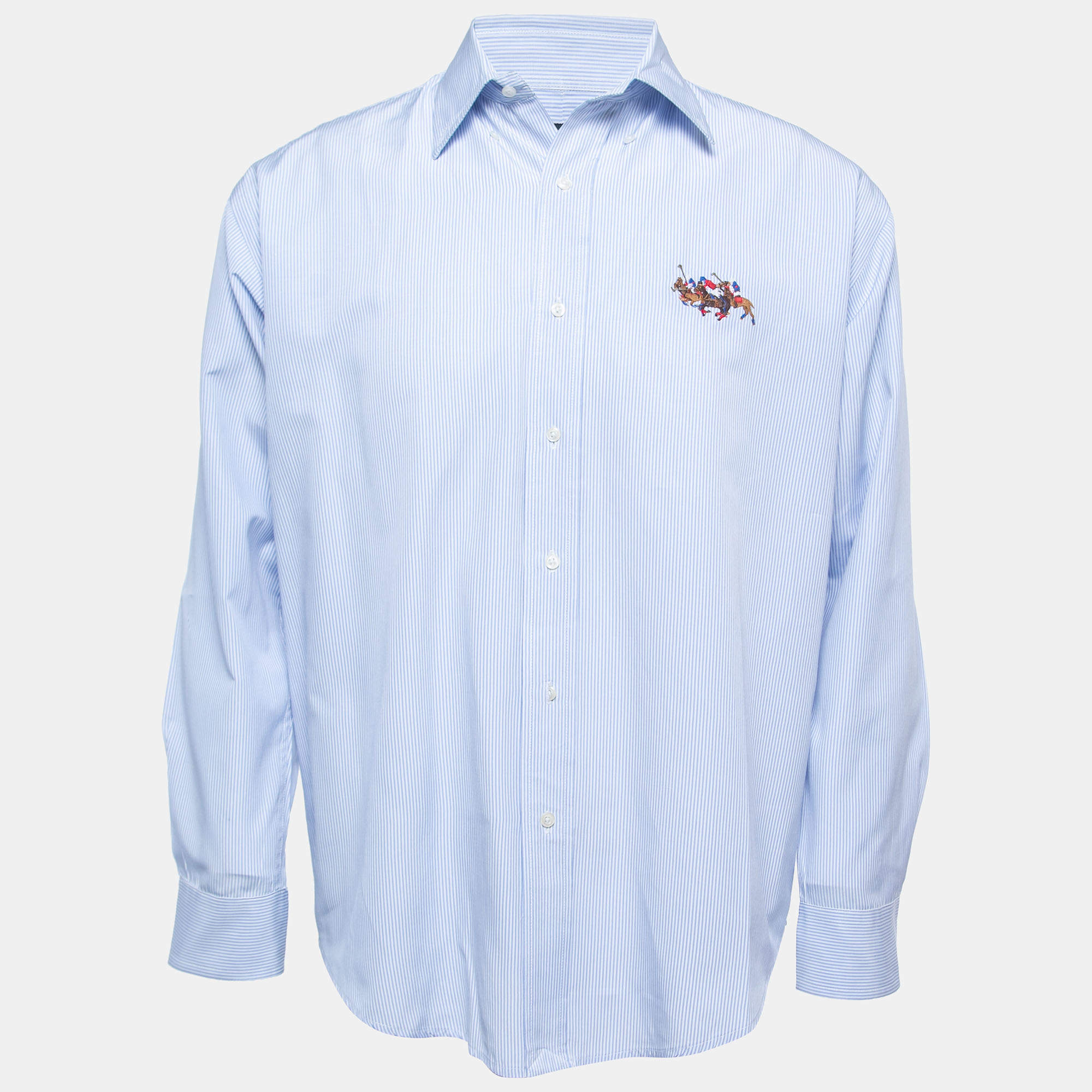 Pre Owned Ralph Lauren Blue Striped Cotton Button Down Full Sleeve Classic Fit Shirt M