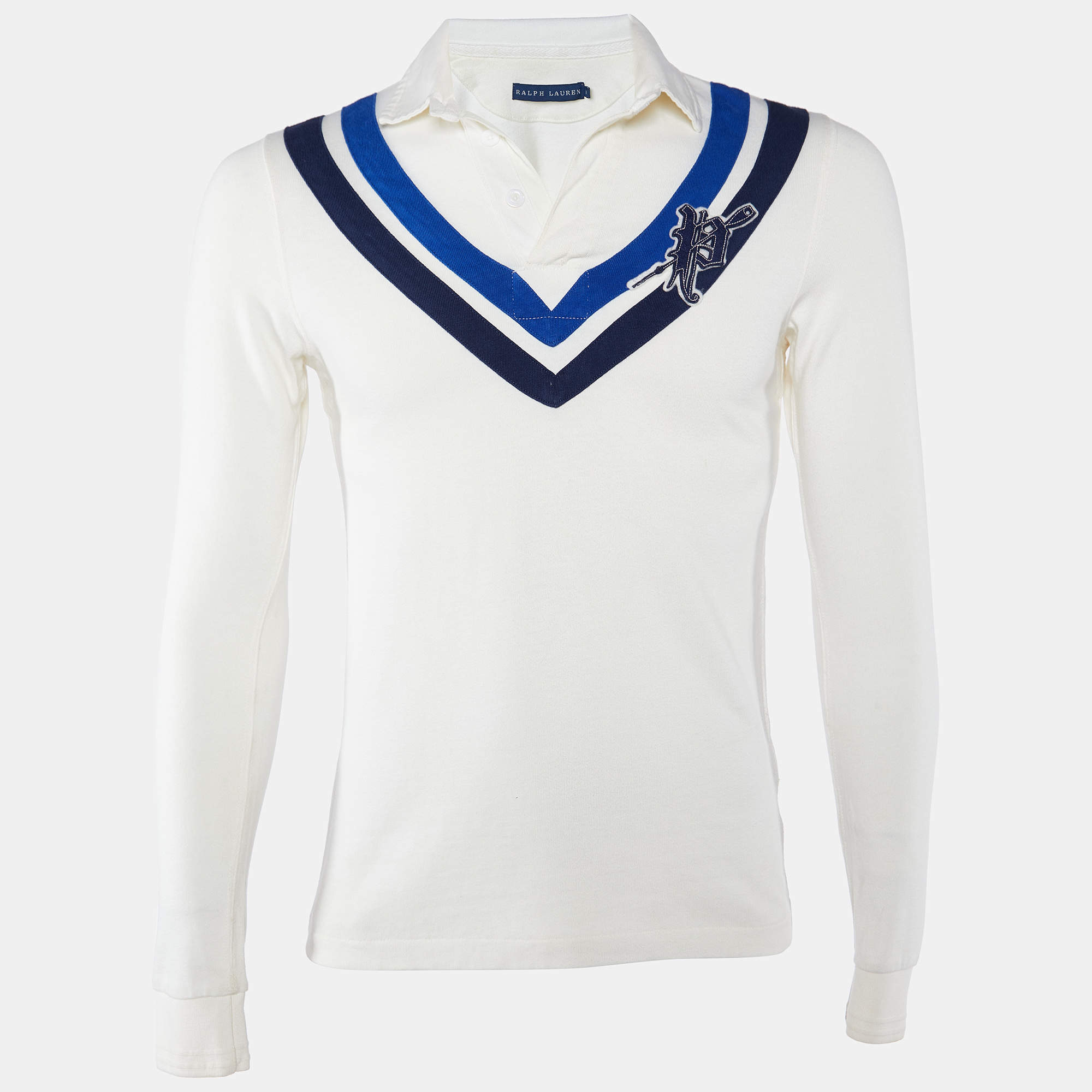 Pre Owned Ralph Lauren White Chevron Stripe Cotton Rugby Polo T-Shirt M