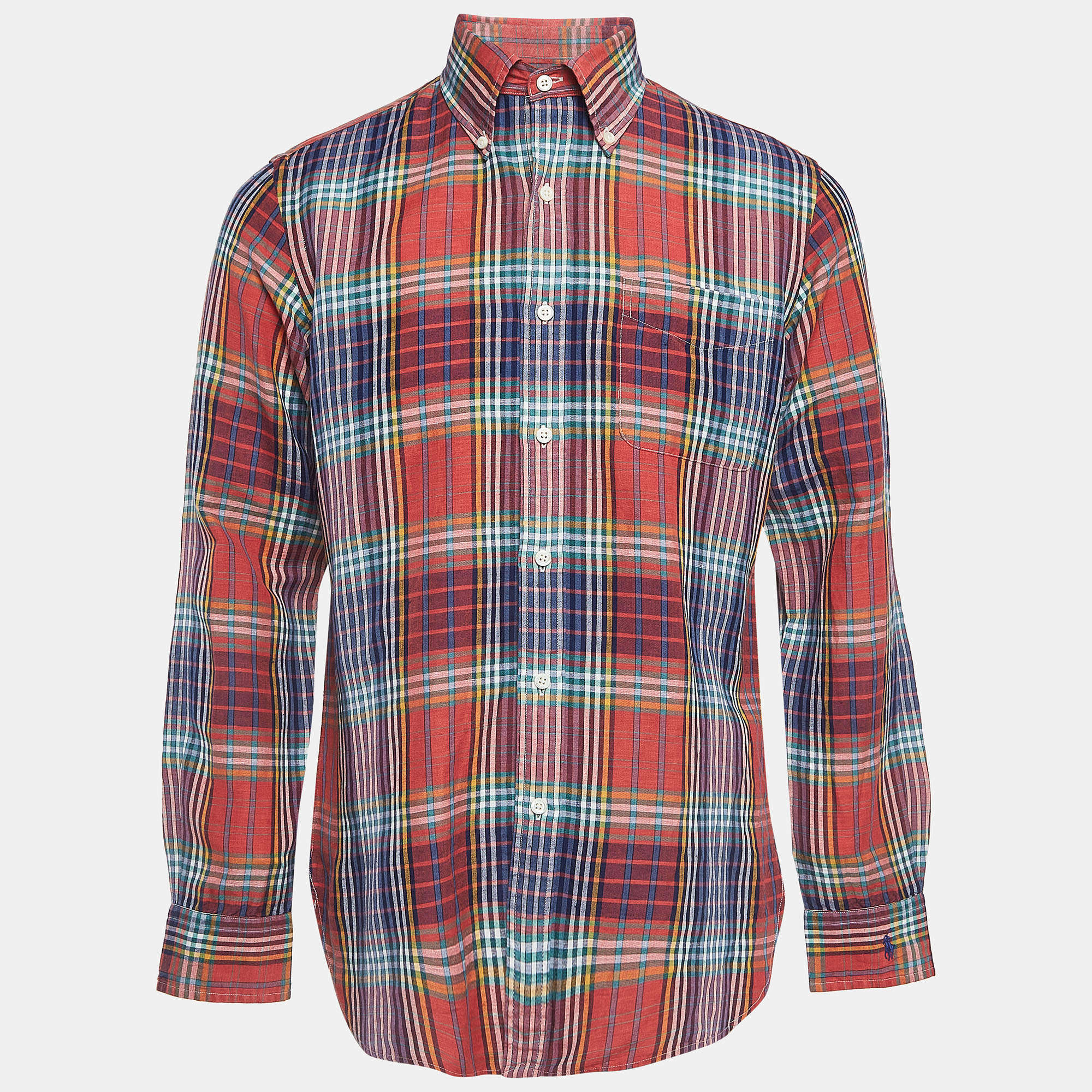 Ralph Lauren Multicolor Tartan Check Linen Blend Custom Fit Shirt M