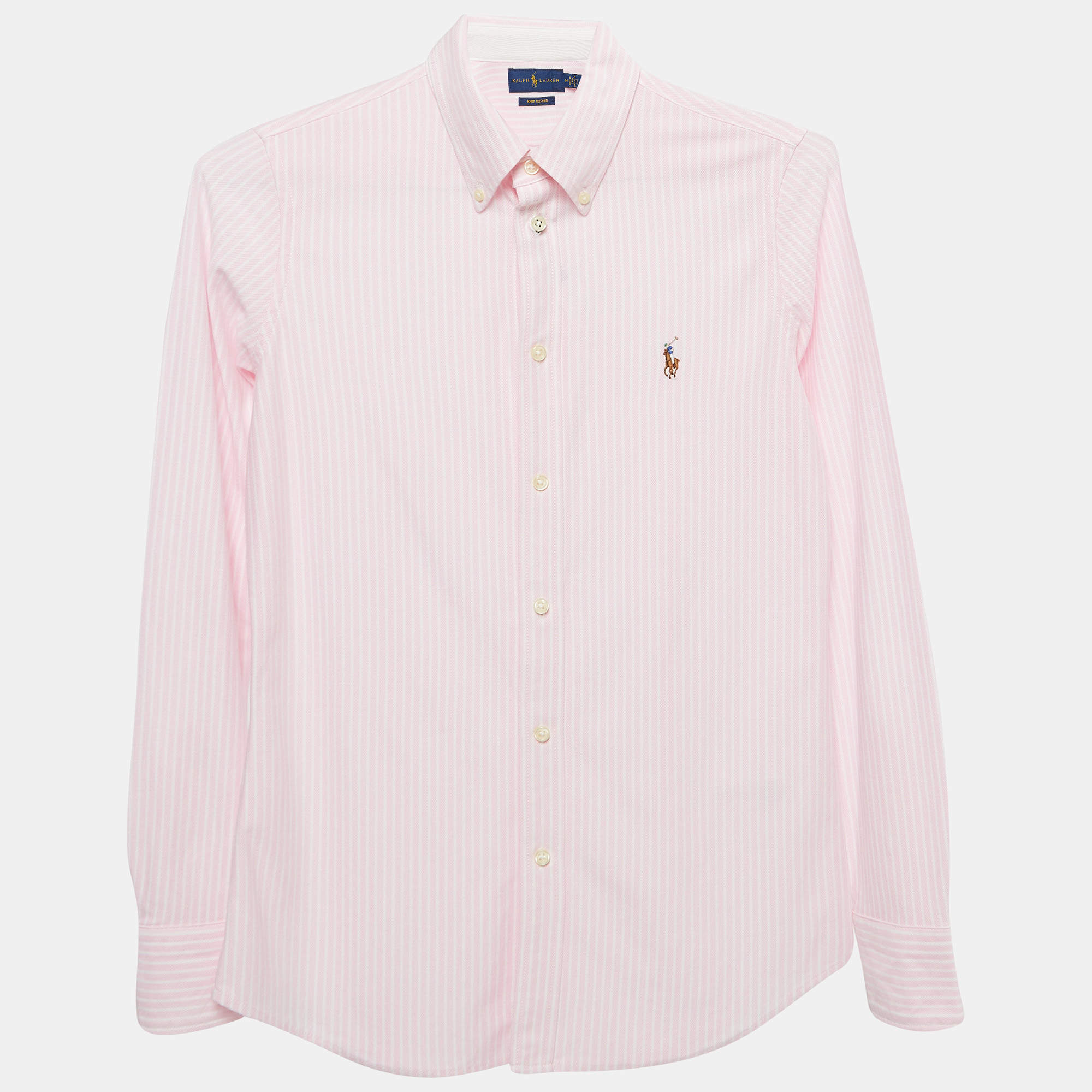 Pre Owned Ralph Lauren Pink Striped Cotton Knit Oxford Button Down Shirt M