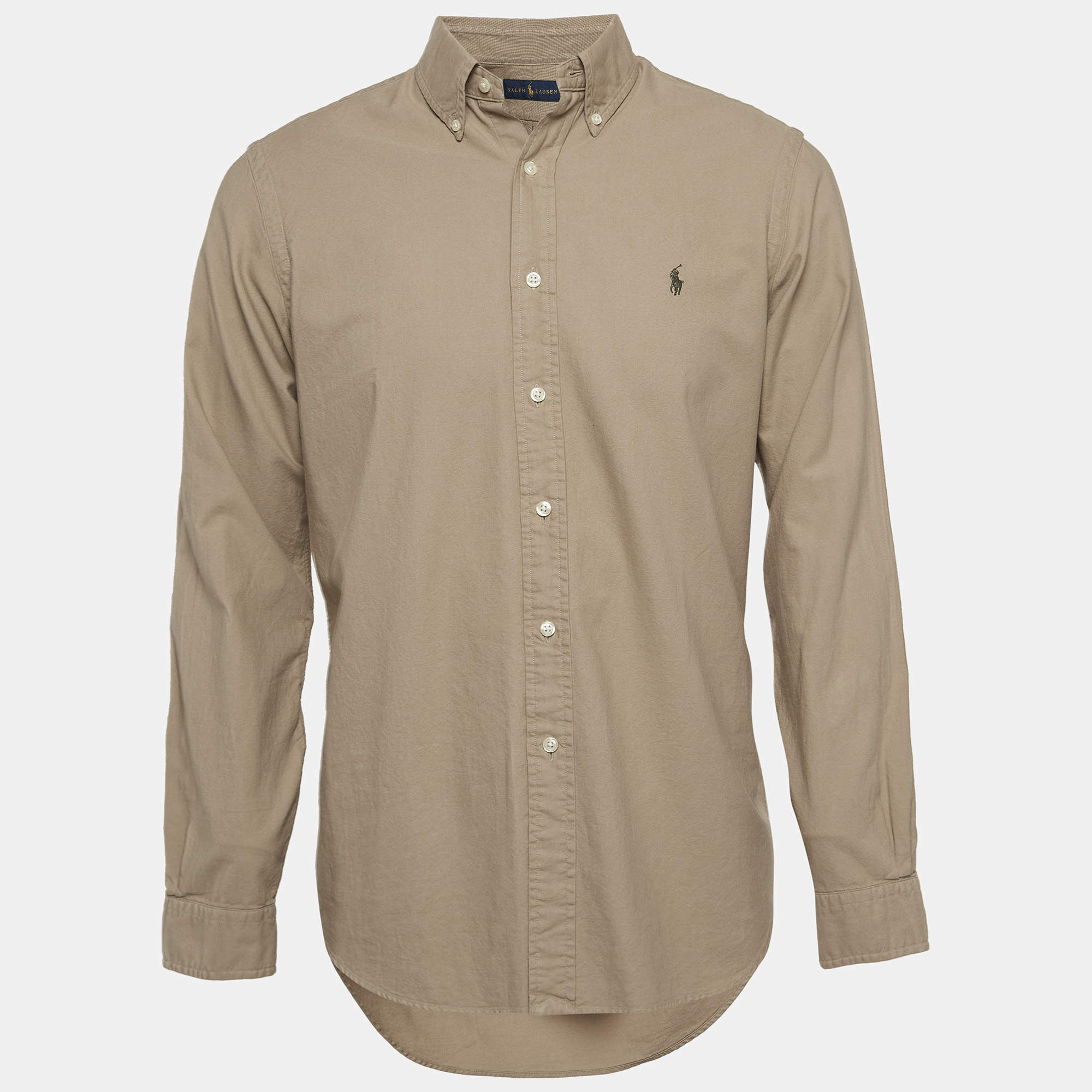 Pre Owned Ralph Lauren Khaki Green Cotton Button Down Collar Shirt M