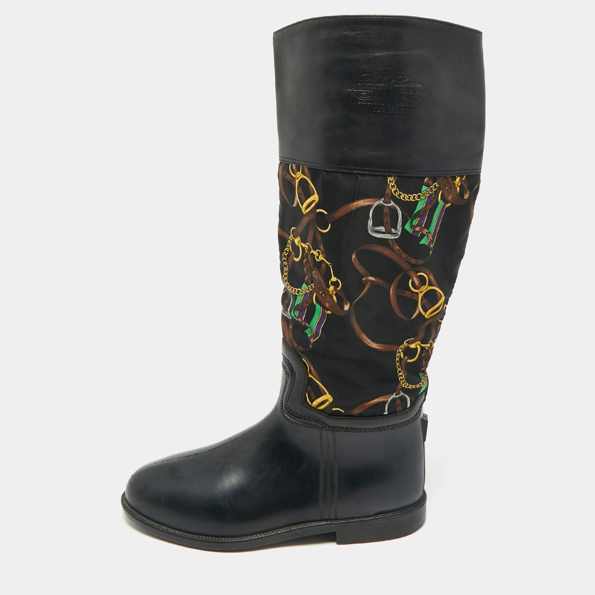 Pre Owned Ralph Lauren Black Rubber and Satin Chain Print Rain Boots Size 43.5