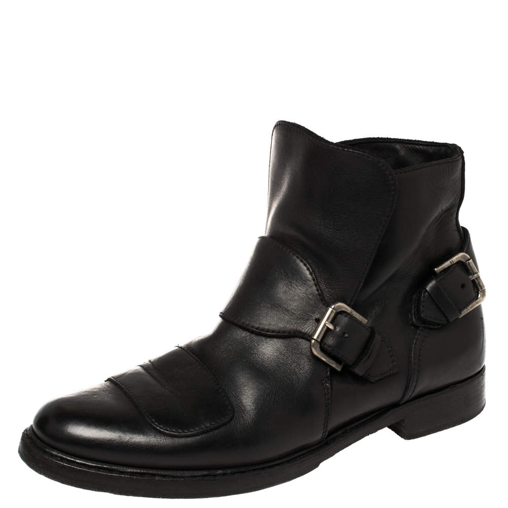 Pre Owned Ralph Lauren Black Leather Buckle Detail Ankle Boots Size 43