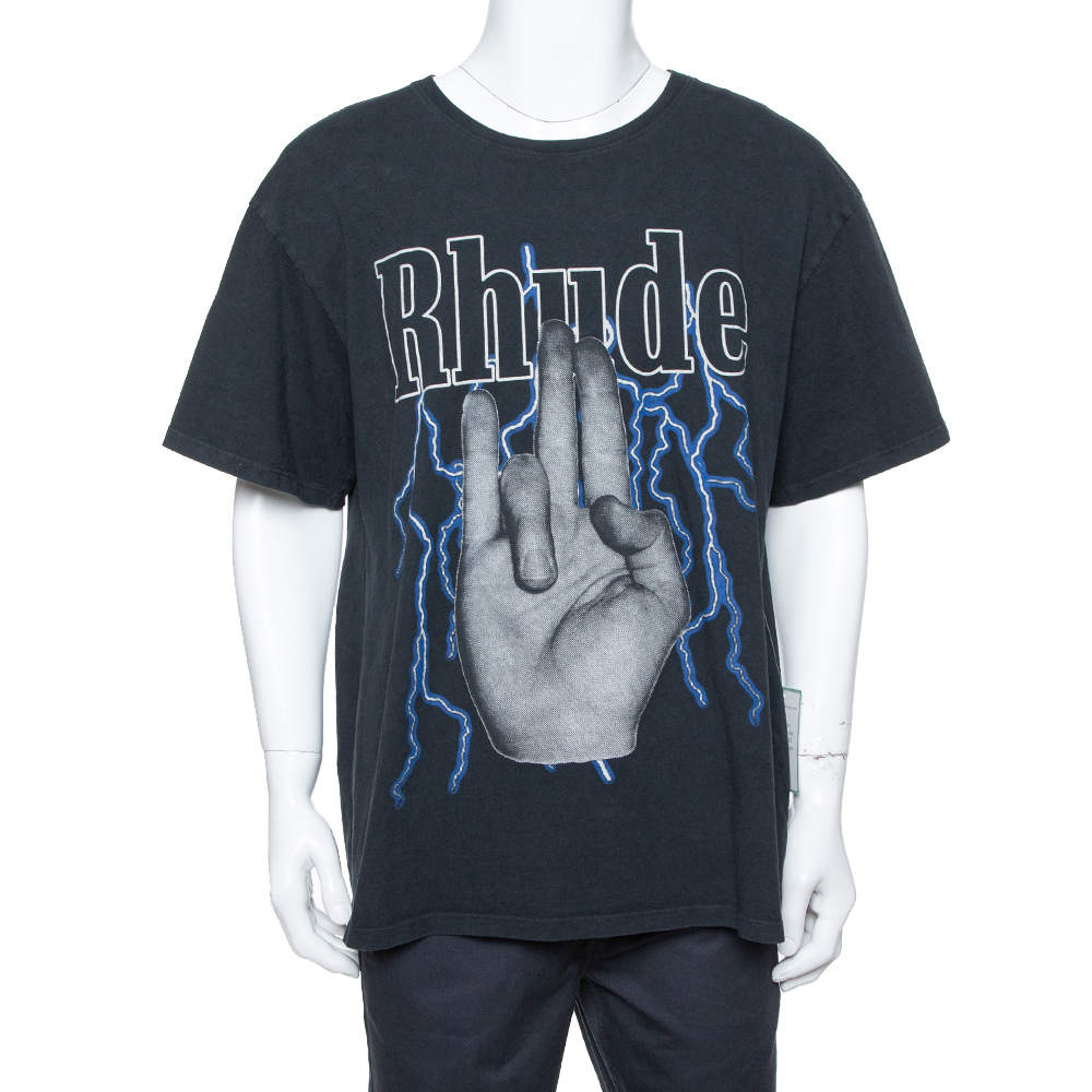 Rhude Black Graphic Printed Cotton Washed Out Effect Oversized T-Shirt M