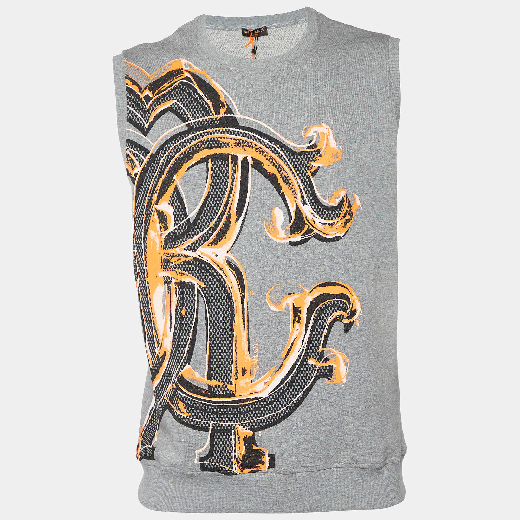مملوكة مسبقًا Roberto Cavalli Gym Grey Printed Cotton Knit Sleeveless Vest L