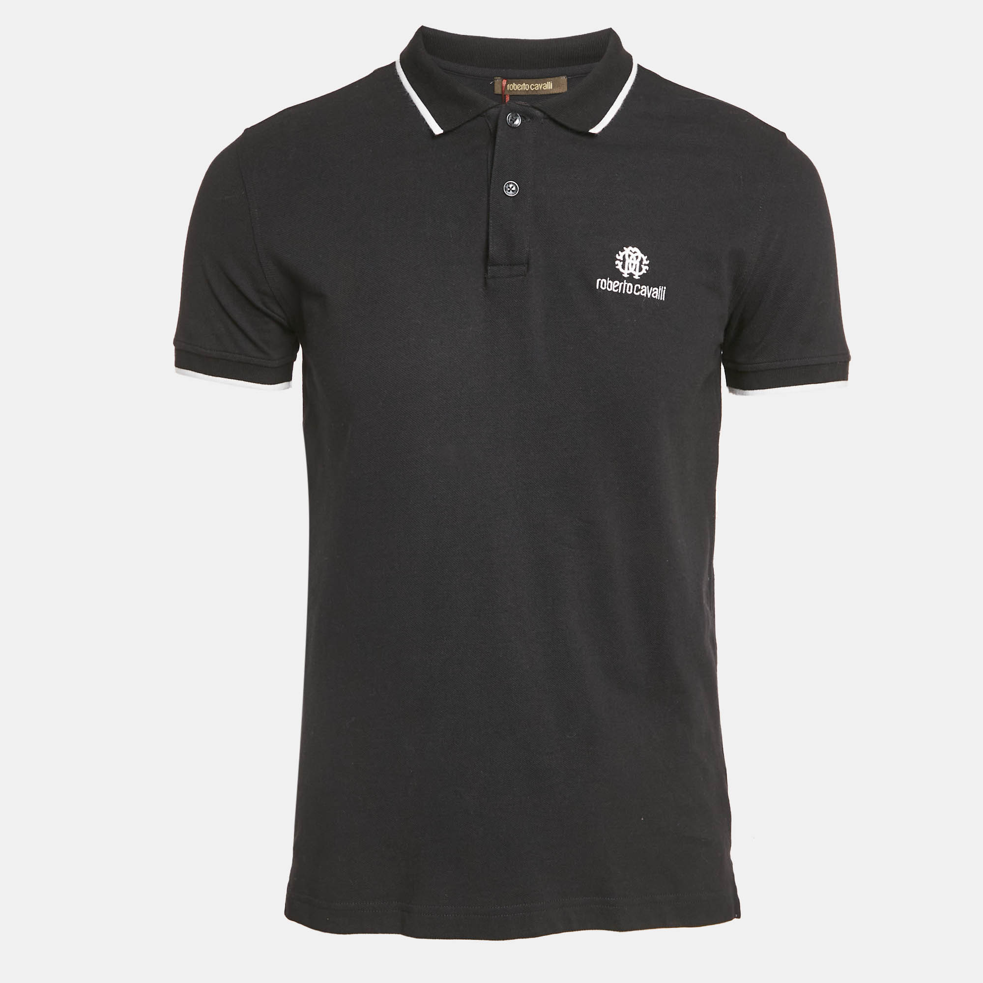 Roberto Cavalli Black Logo Embroidered Pique Polo T-Shirt M