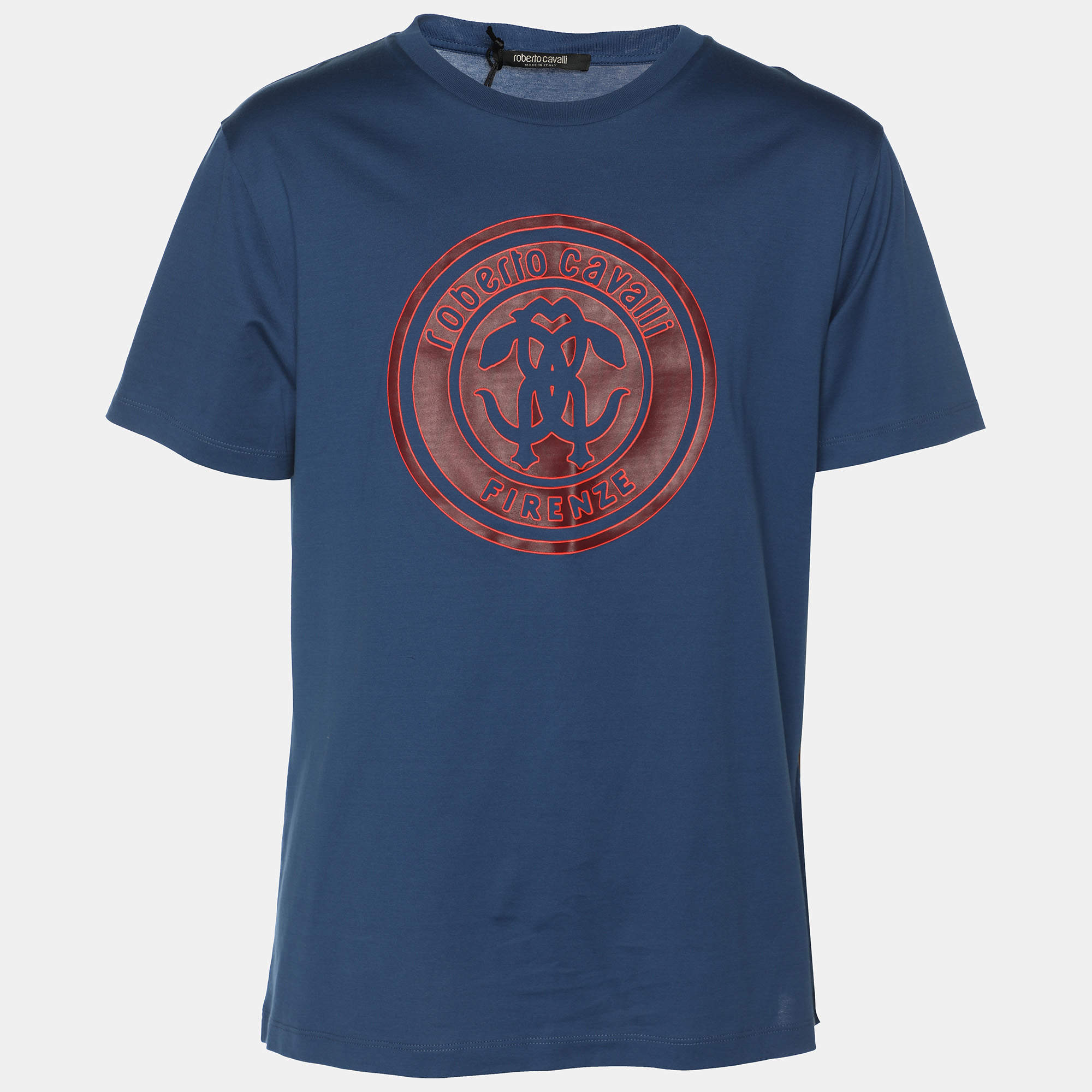 Pre Owned Robert Cavalli Blue Jersey Logo T-Shirt L