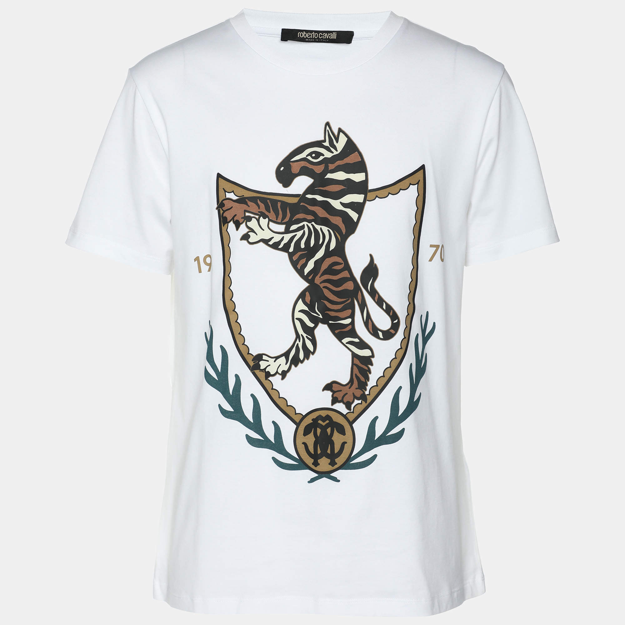 Pre Owned Robert Cavalli White Jersey Tiger Print T-Shirt M