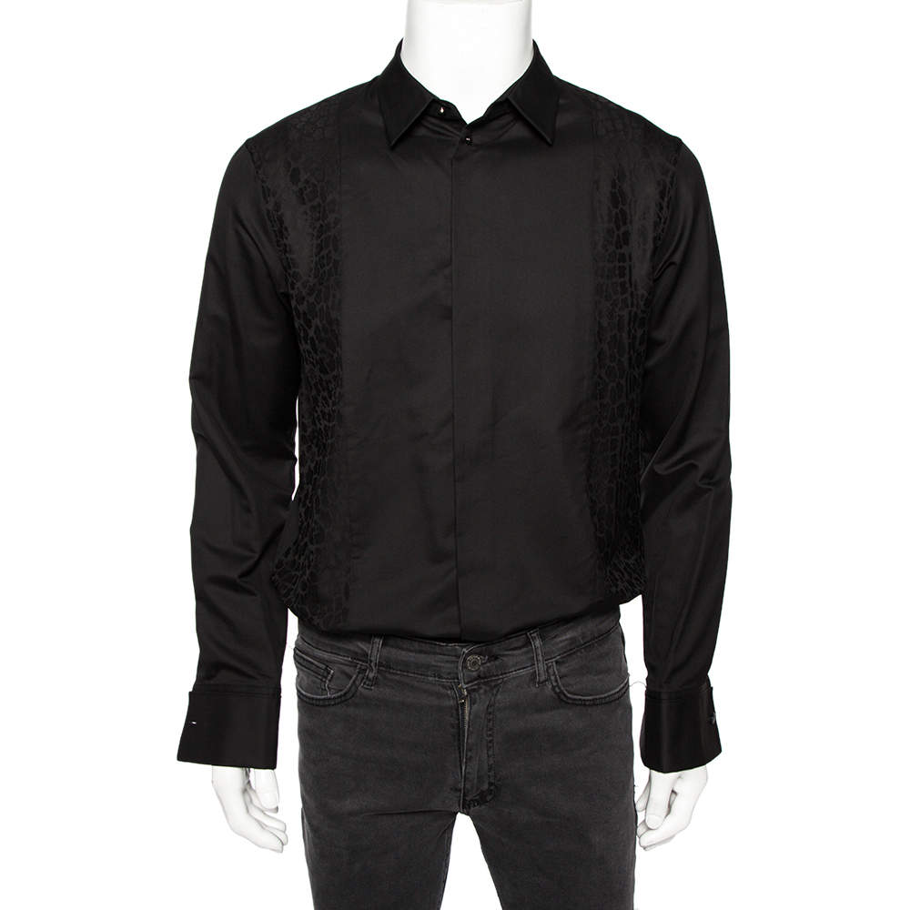 Pre Owned Roberto Cavalli Black Cotton Animal Patterned Trim Concealed Placket Shirt M