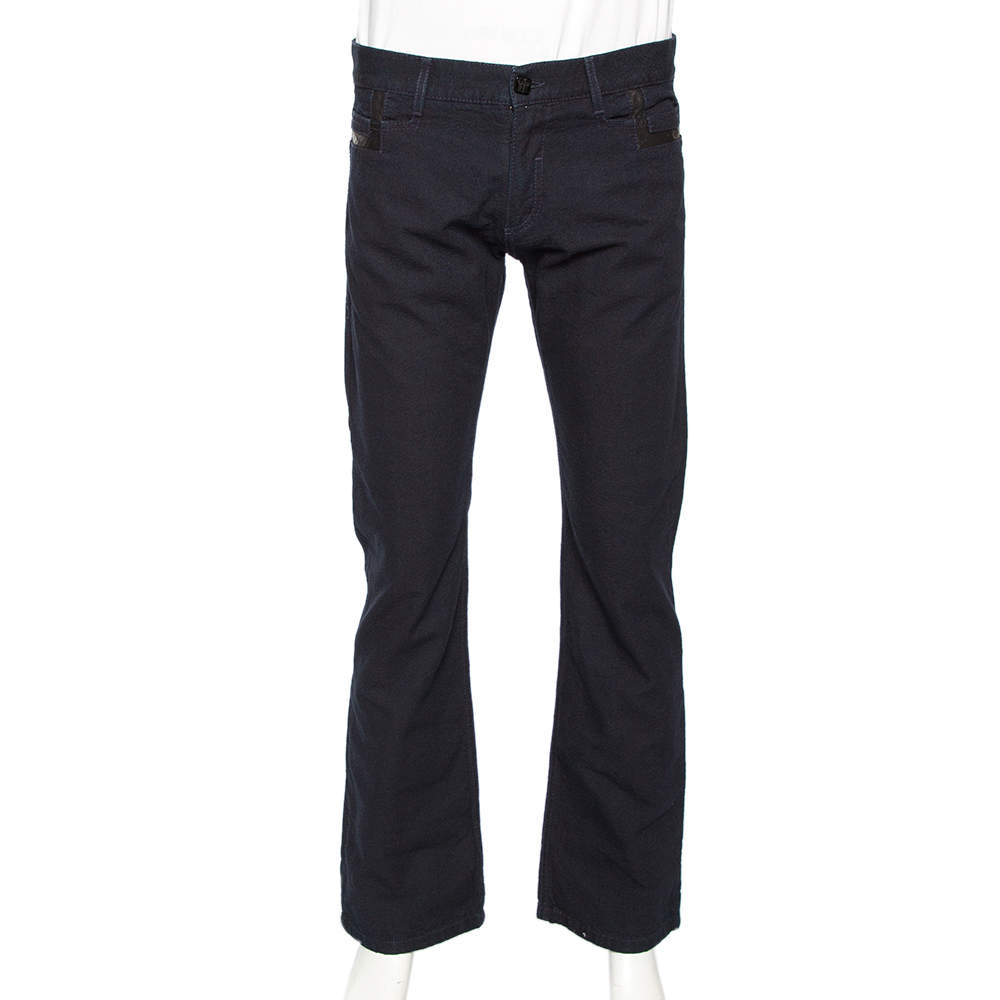 Pre Owned Roberto Cavalli Indigo Denim & Leather Trim Straight Leg Jeans L