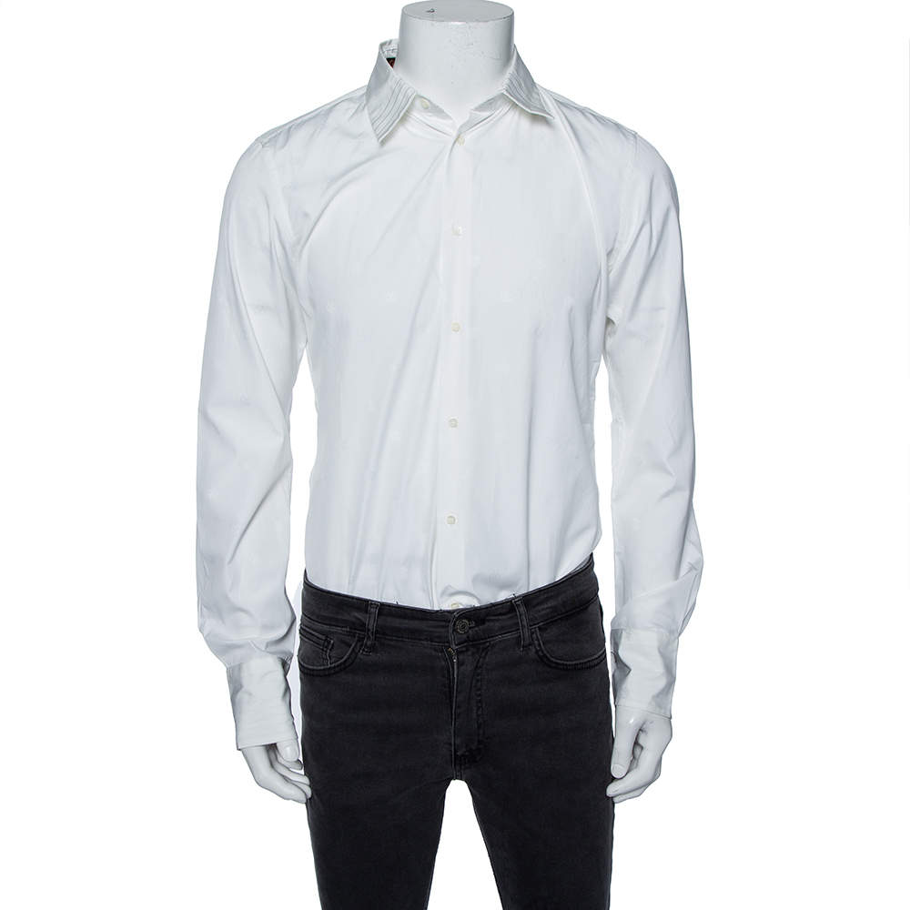 Pre Owned Roberto Cavalli White Cotton Monogram Button Front Shirt M 