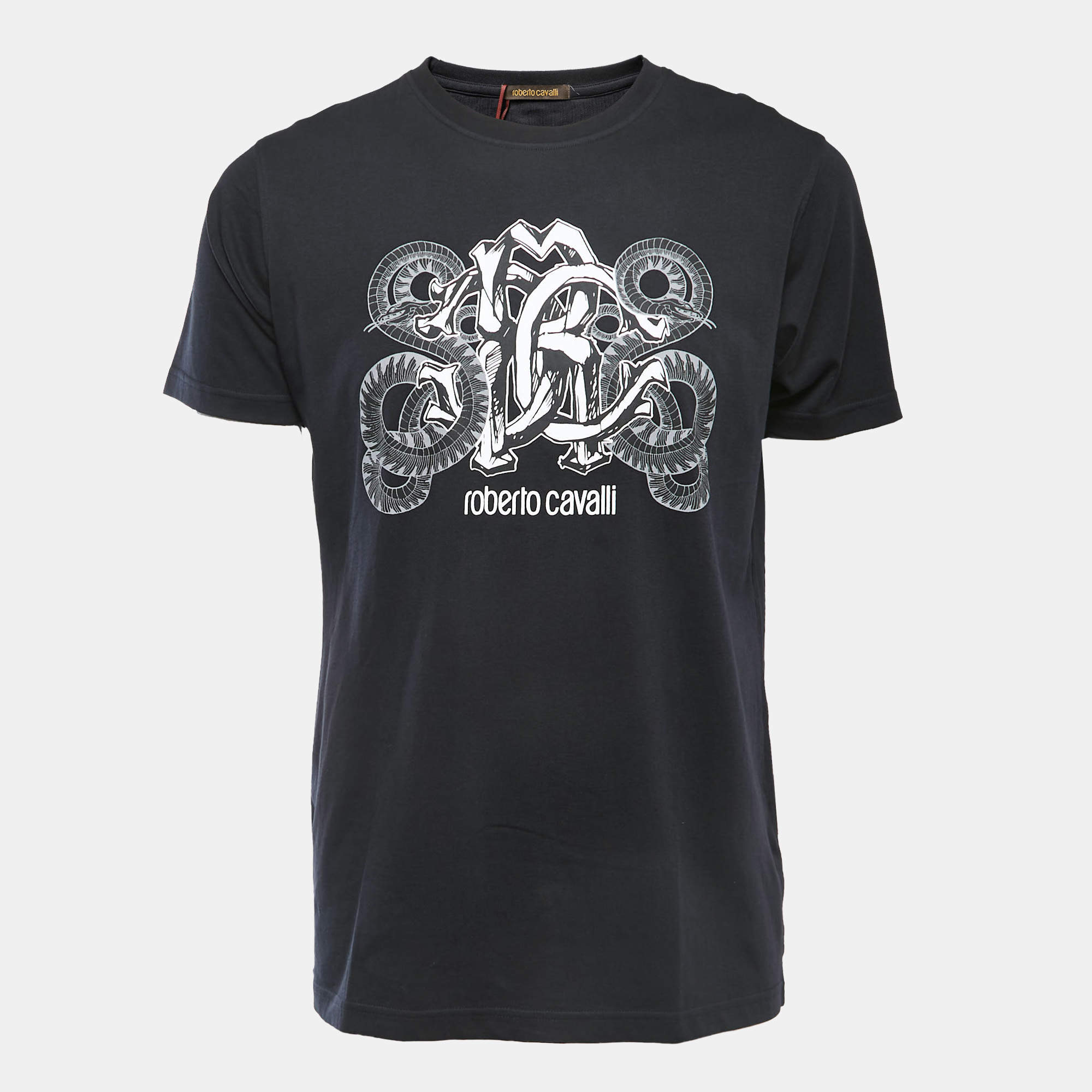 Pre Owned Roberto Cavalli Black Logo Print Cotton Crew Neck Half Sleeve T-Shirt L