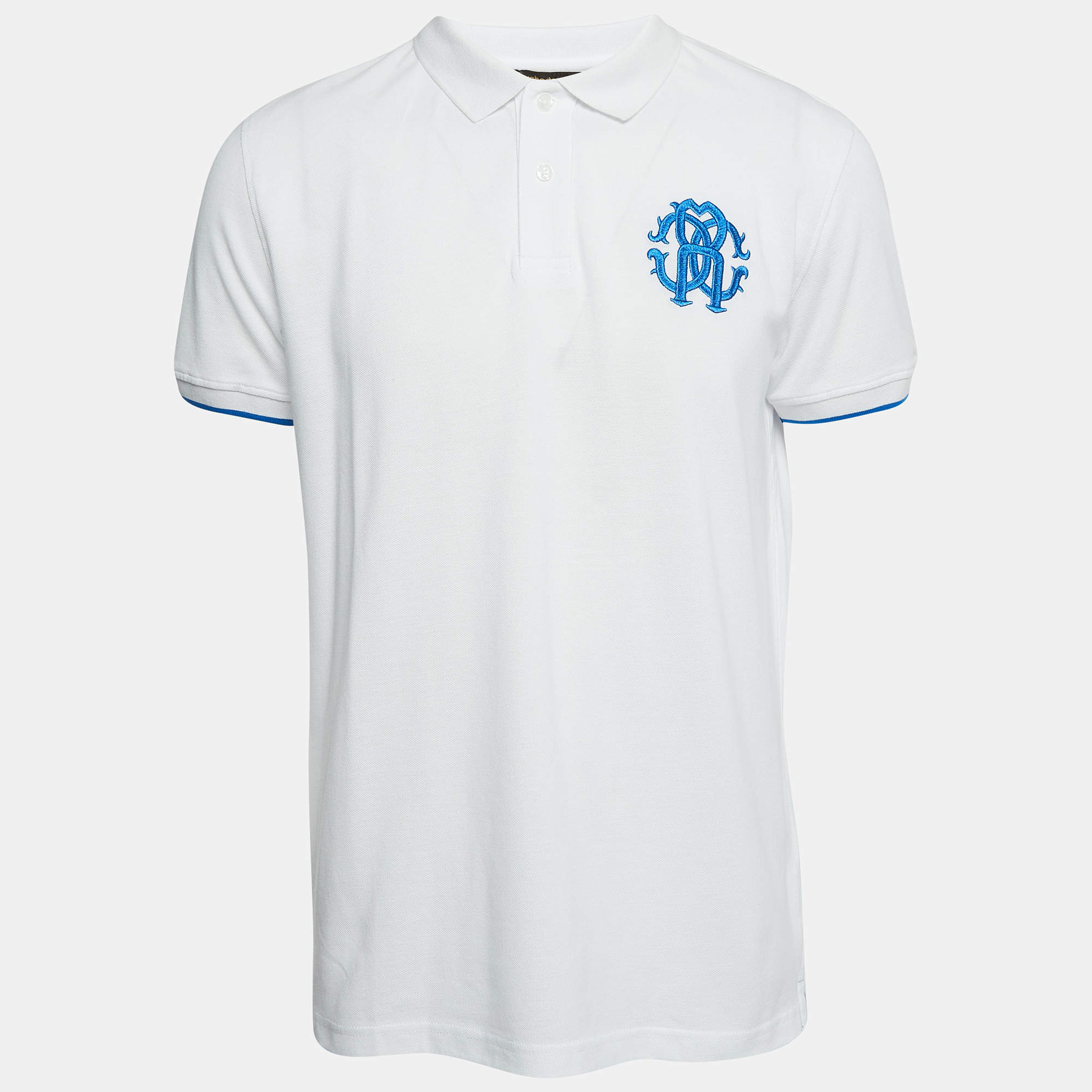 Pre Owned Roberto Cavalli White Logo Embroidered Cotton Polo T-Shirt XL
