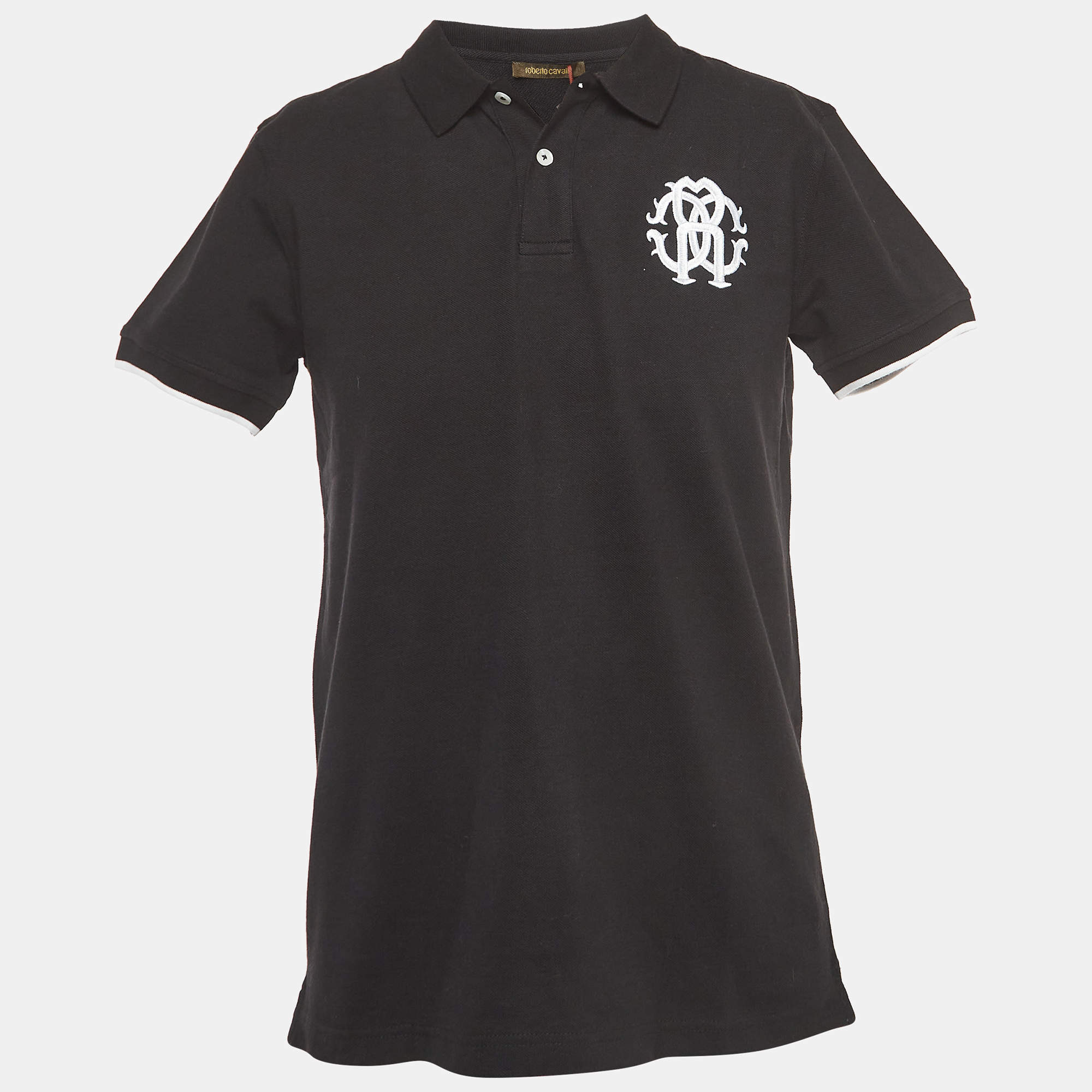 Pre Owned Roberto Cavalli Black Logo Embroidered Cotton Pique Polo T-Shirt L