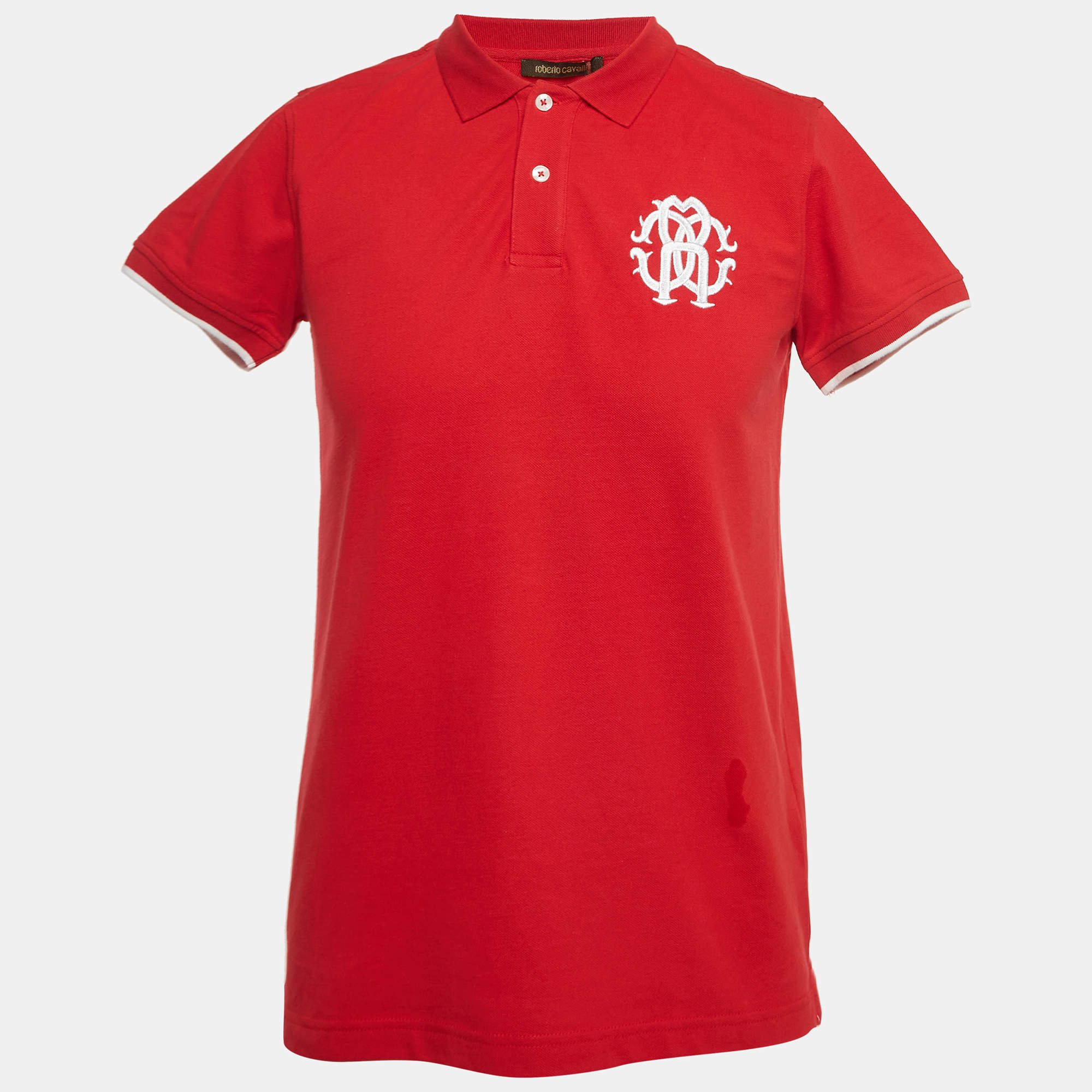 Pre Owned Roberto Cavalli Red Logo Embroidered Cotton Pique Polo T-Shirt M