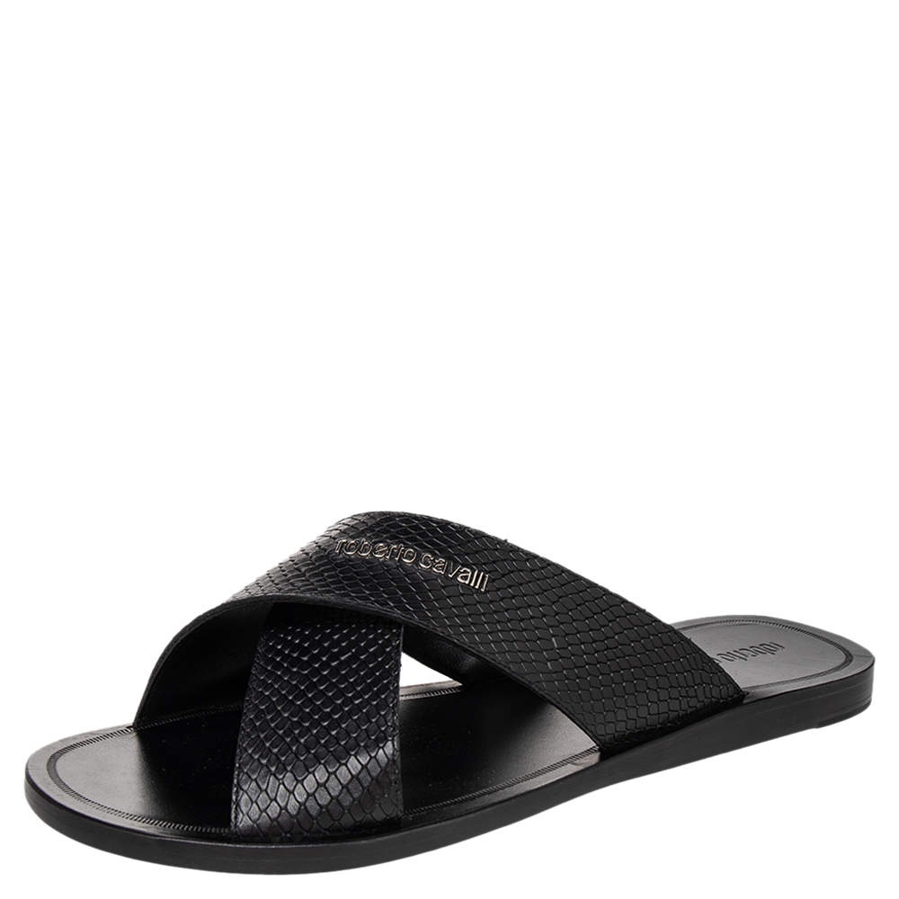 Pre Owned Roberto Cavalli Black Snake-Embossed Leather Crossband Slides Sandals Size 46