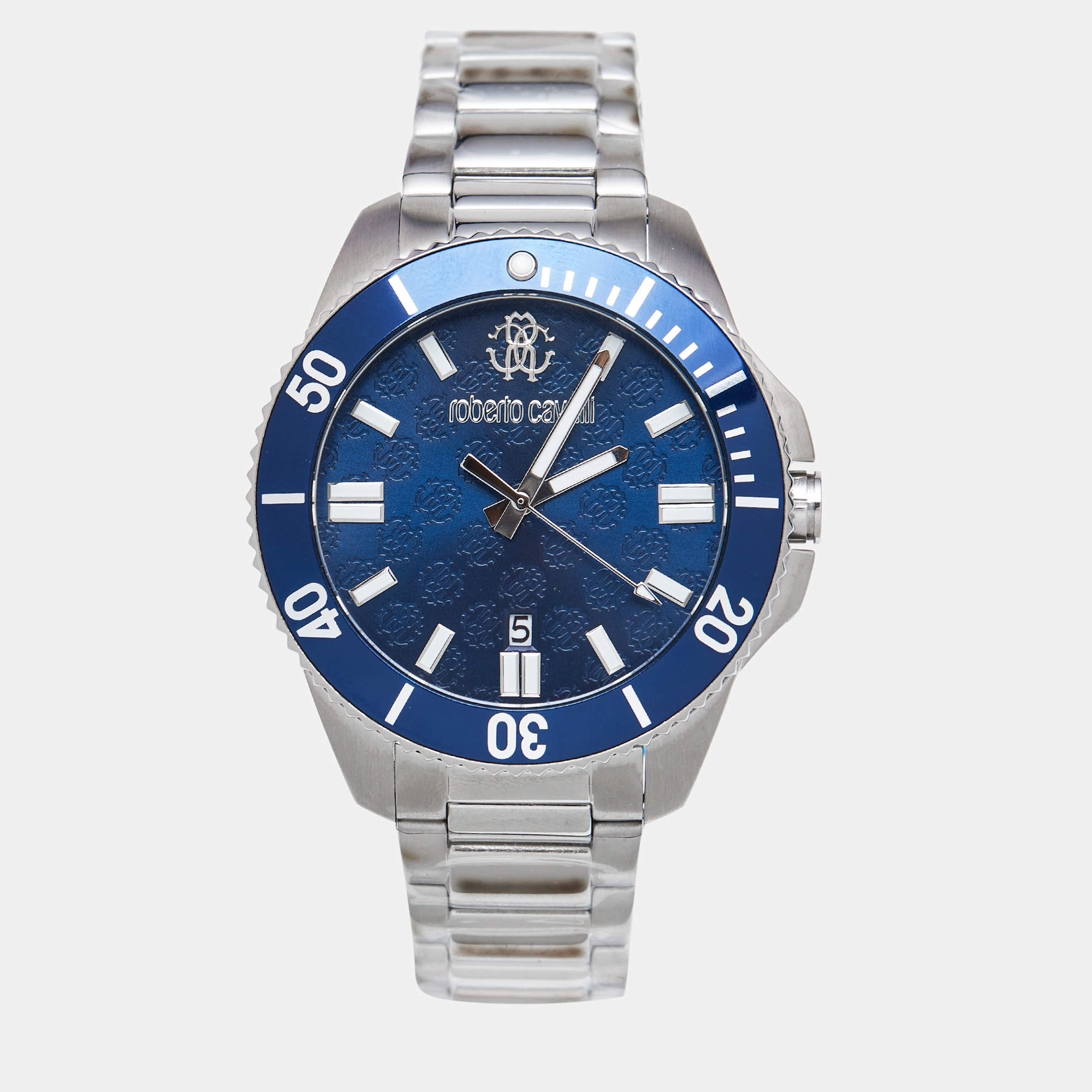 Pre Owned Roberto Cavalli Blue Stainless Steel 5G013 Men's Wristwatch 44 mm