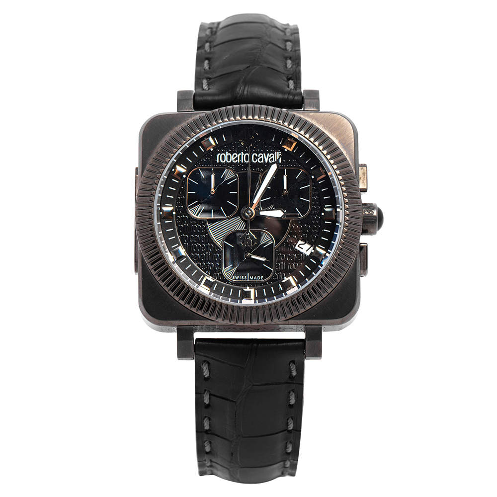 Pre Owned Roberto Cavalli Black PVD Coated Stainless Steel Leather Bohemienne R7271666025 Men's Wristwatch 40 mm