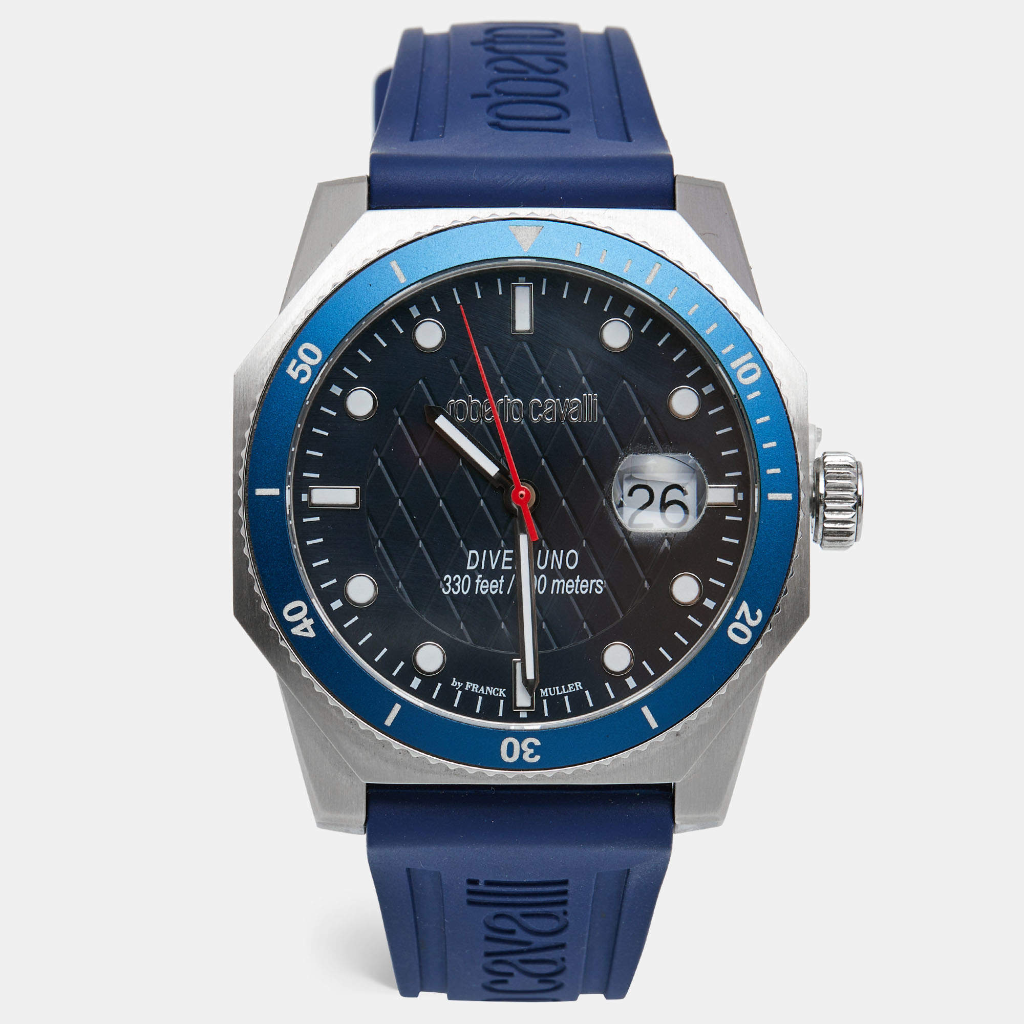 Pre Owned Roberto Cavalli By Franck Muller Blue Stainless Steel Rubber Diver Uno 1G045 Men's Wristwatch 43 mm