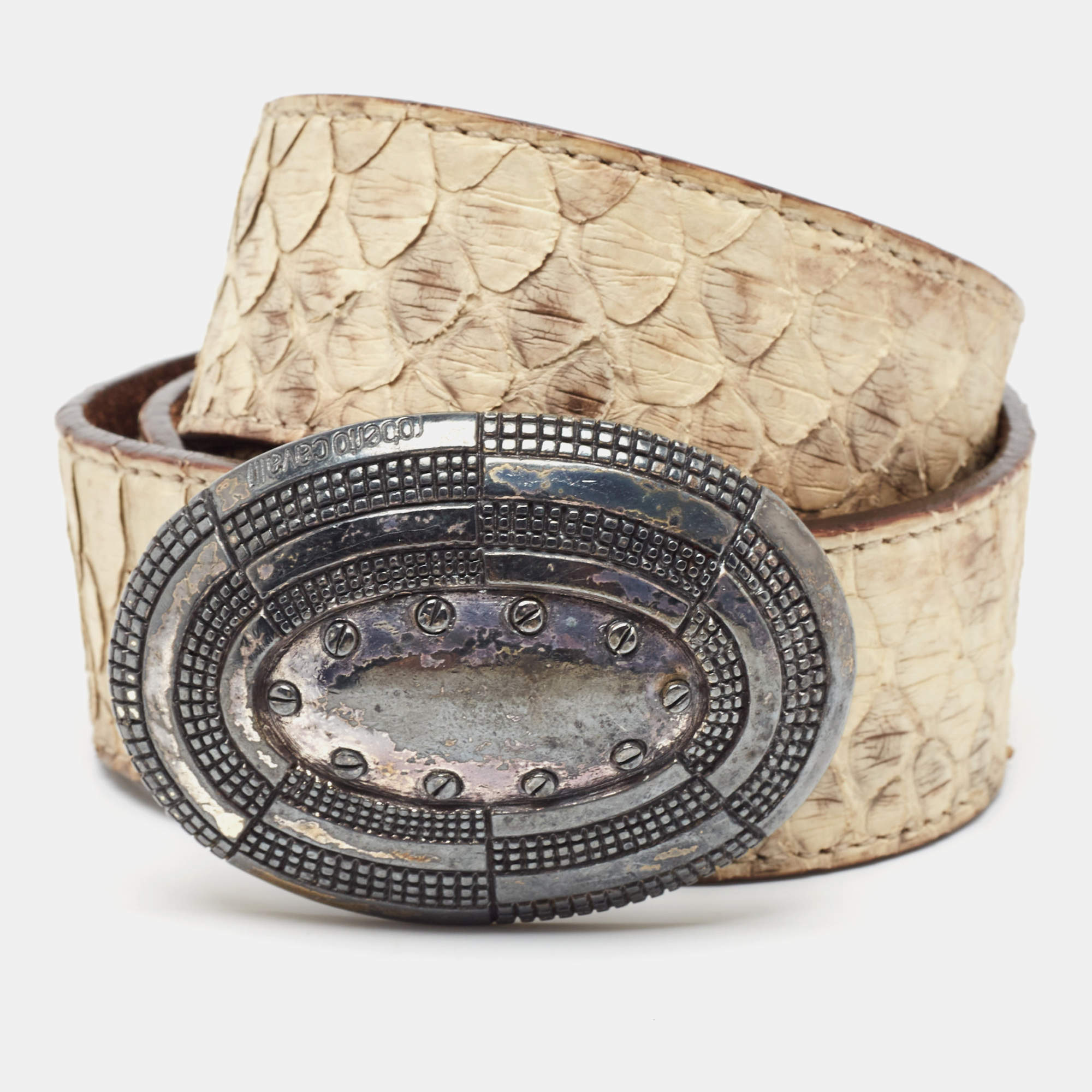 Roberto Cavalli Cream Python Oval Buckle Belt