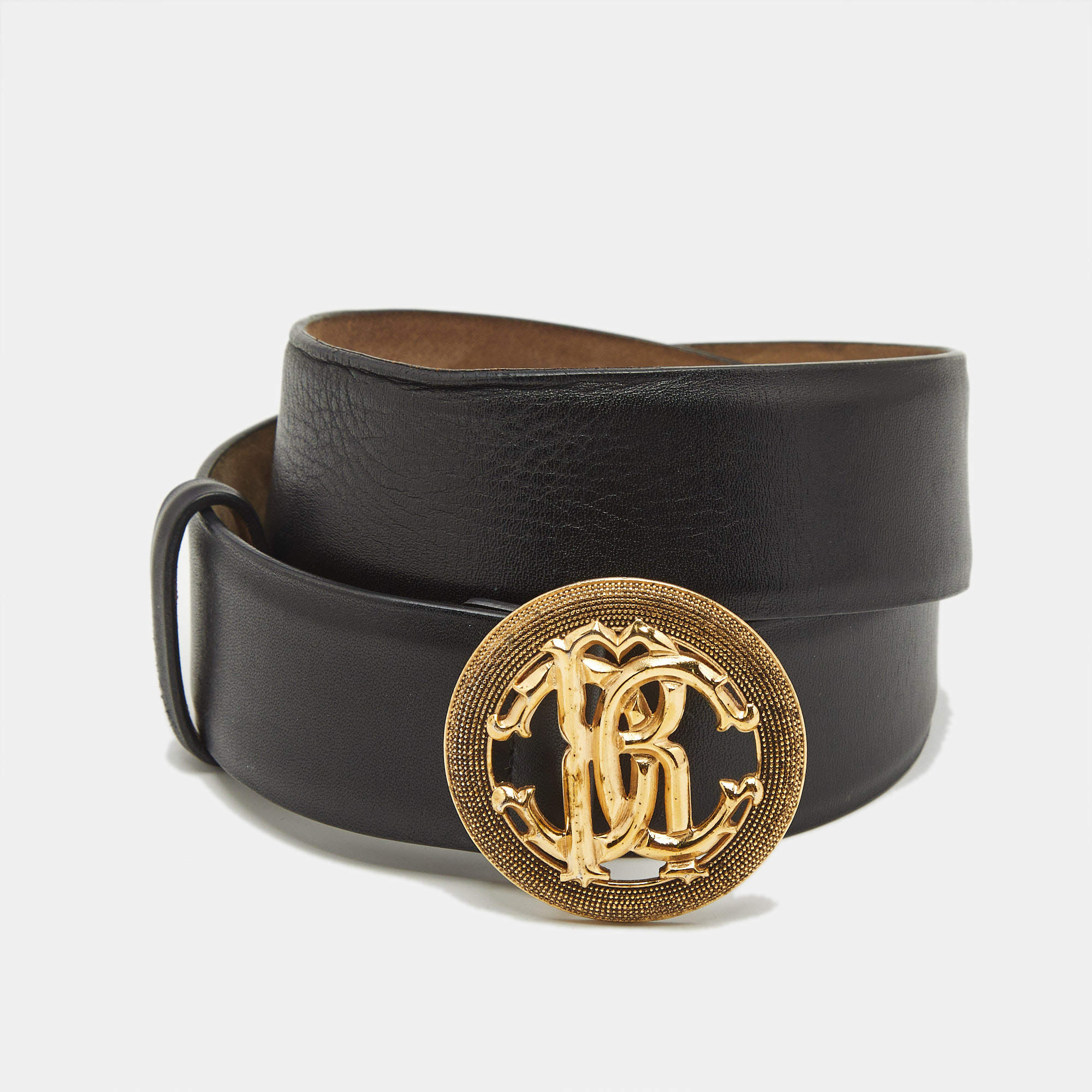 Pre Owned Roberto Cavalli Black Leather RC Logo Round Belt 90CM